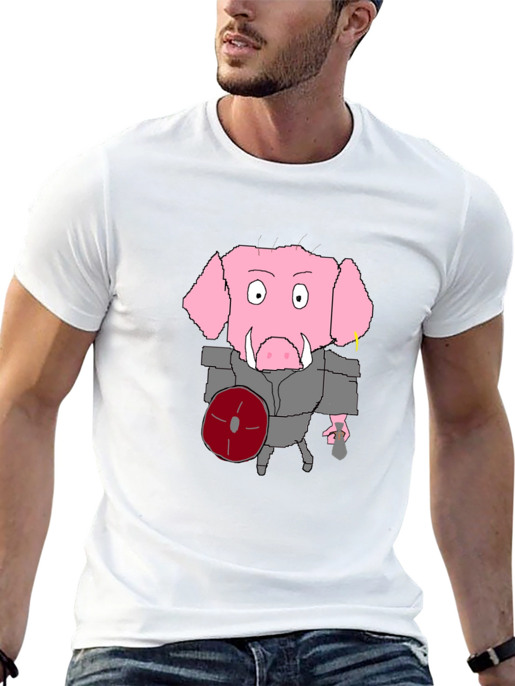 Cartoon Pig Gladiator Black T-Shirt