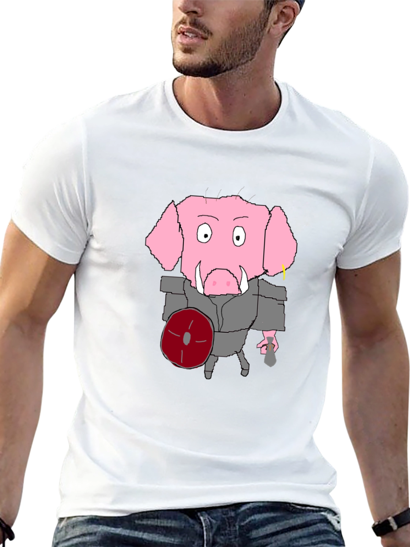 Cartoon Pig Gladiator Black T-Shirt