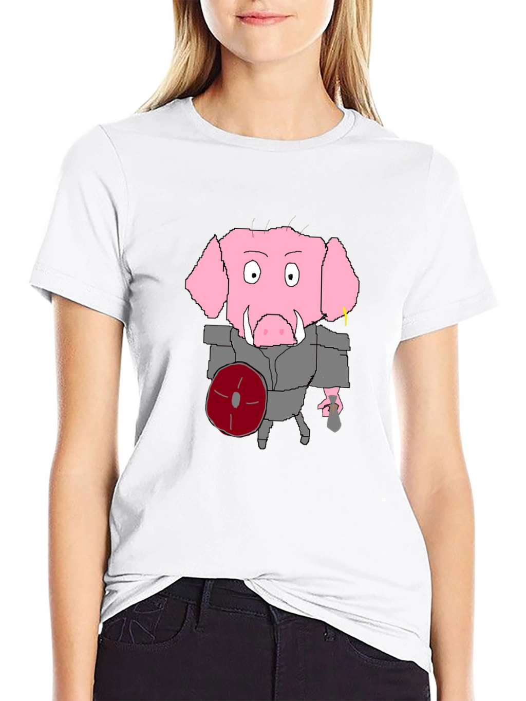 Cartoon Pig Gladiator Black T-Shirt