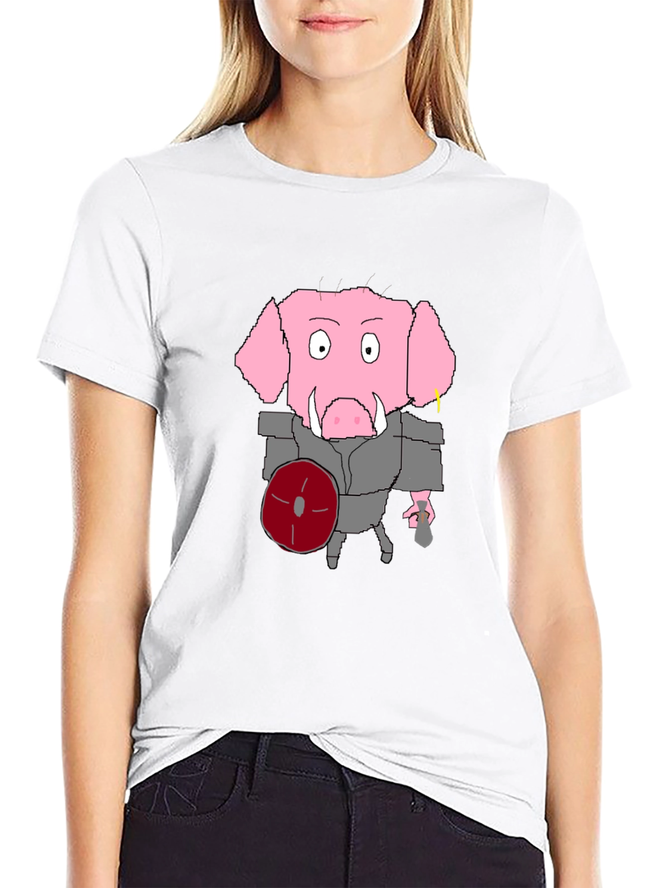 Cartoon Pig Gladiator Black T-Shirt