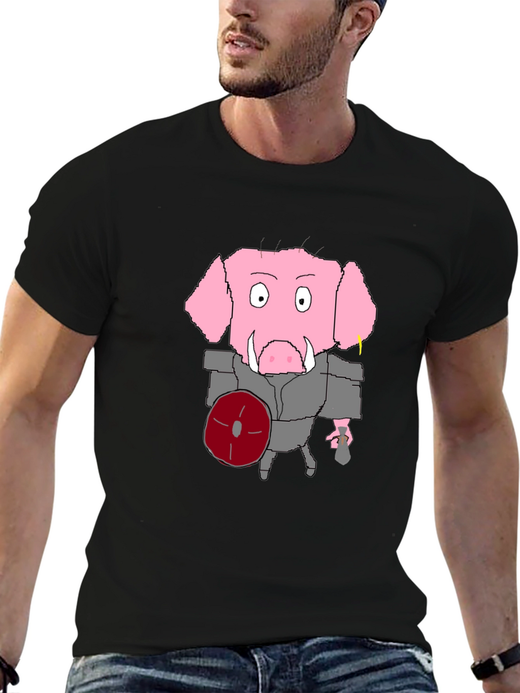 Cartoon Pig Gladiator Black T-Shirt