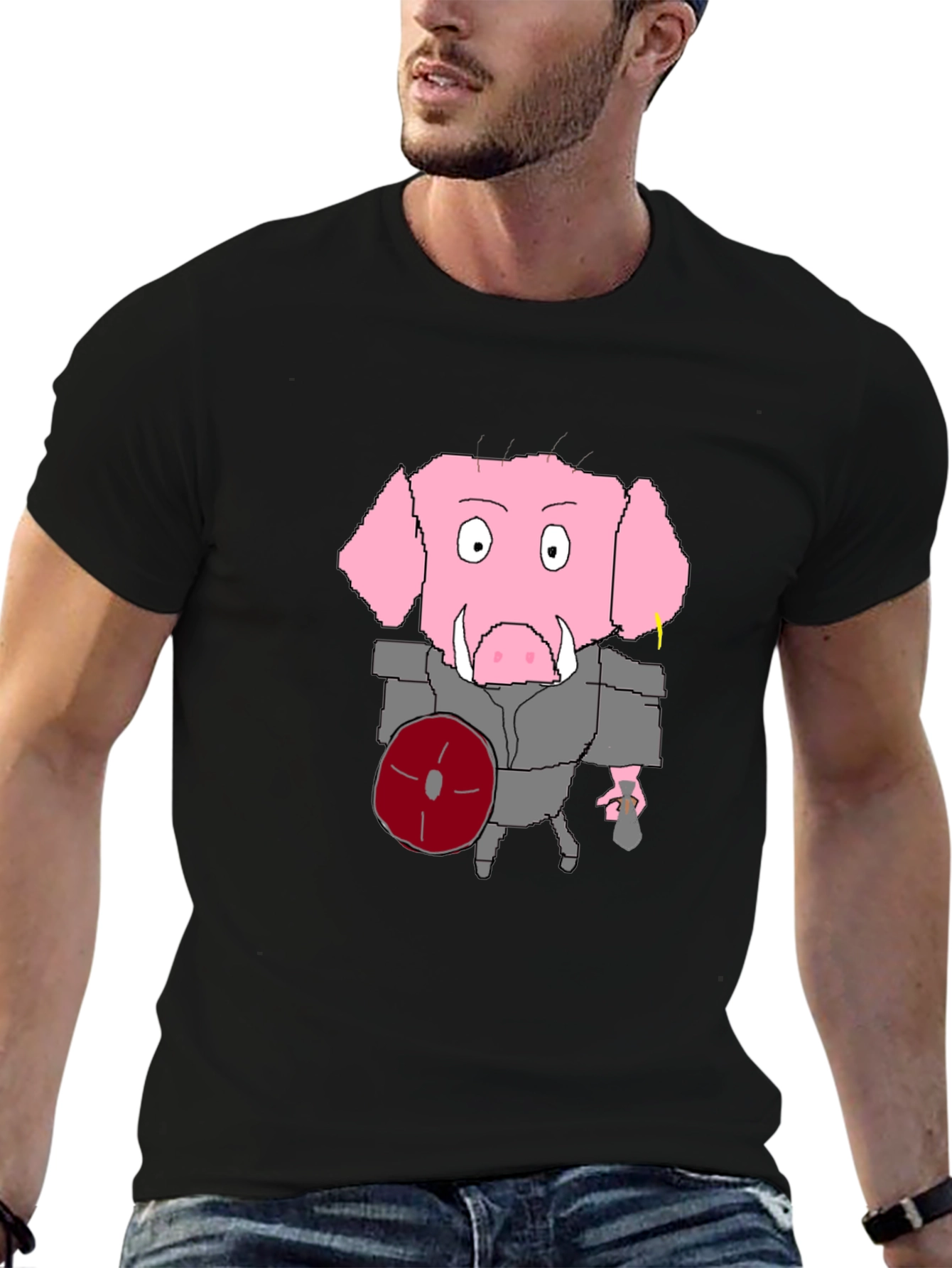 Cartoon Pig Gladiator Black T-Shirt