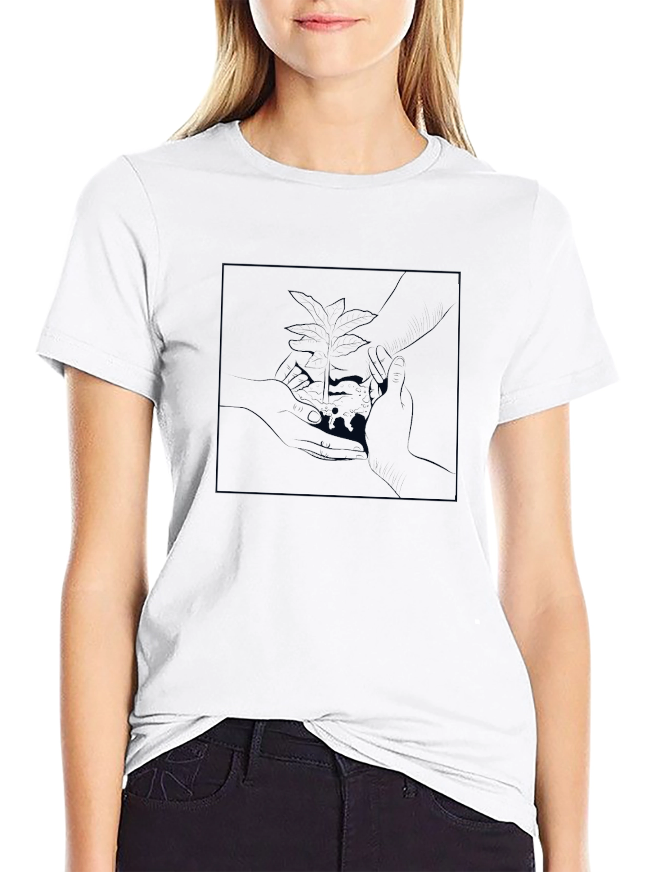 Modern Black Tee with Abstract Plant Design