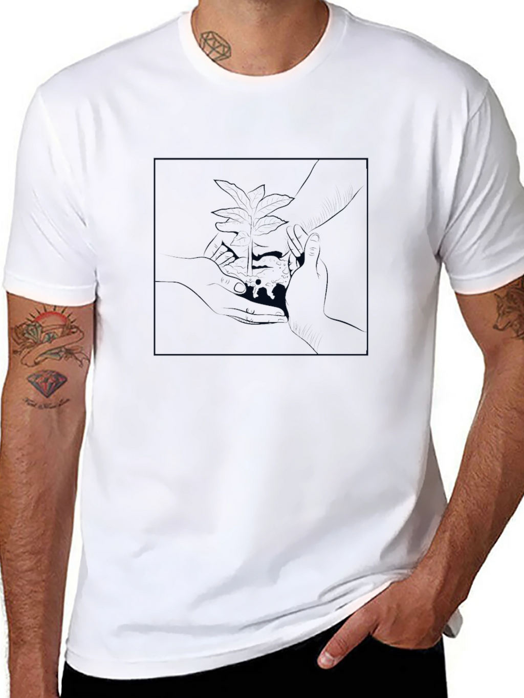 Modern Black Tee with Abstract Plant Design
