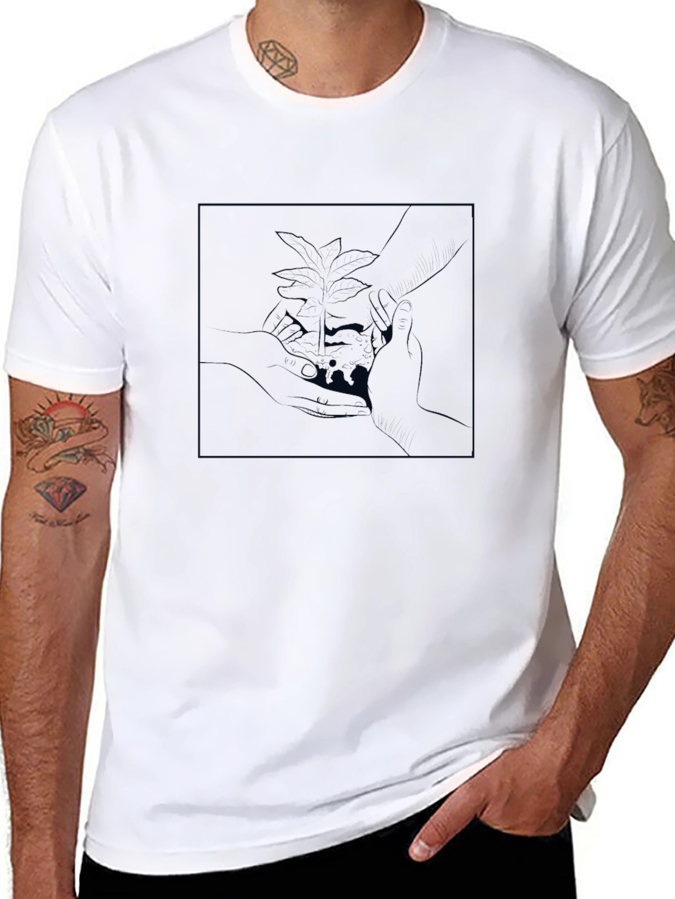 Modern Black Tee with Abstract Plant Design