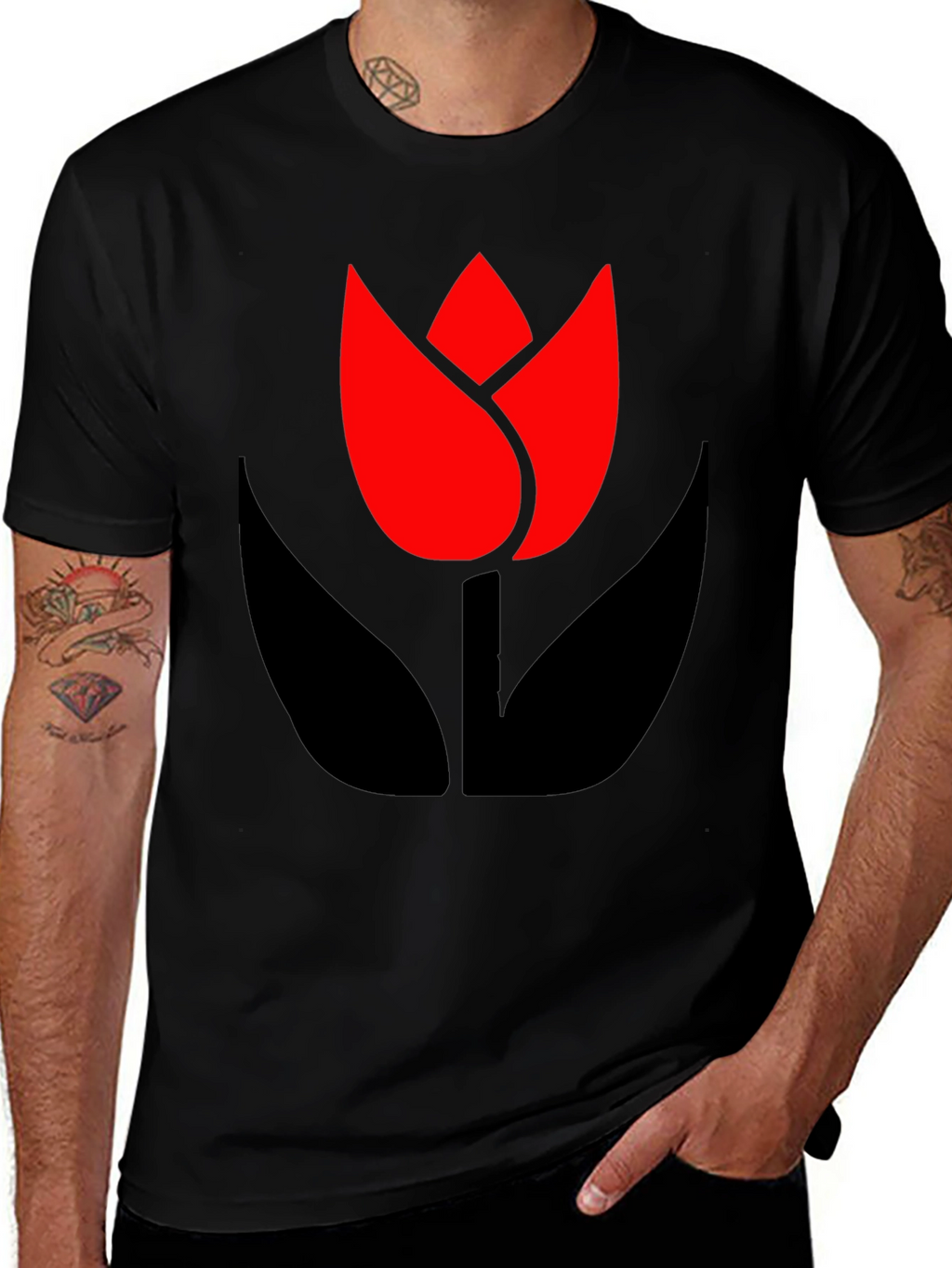 Bold Black T-Shirt with Modern Tulip Design