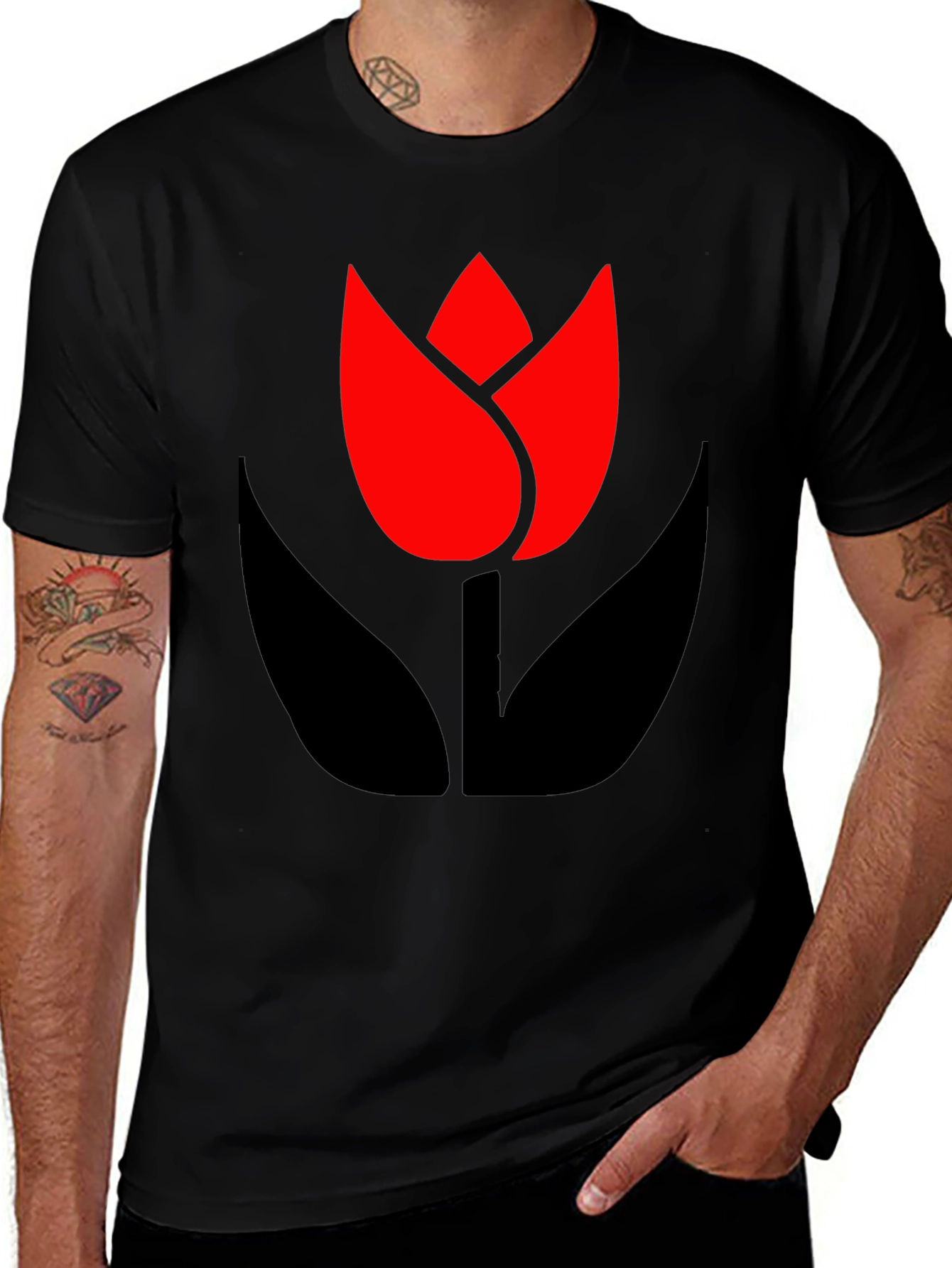 Bold Black T-Shirt with Modern Tulip Design