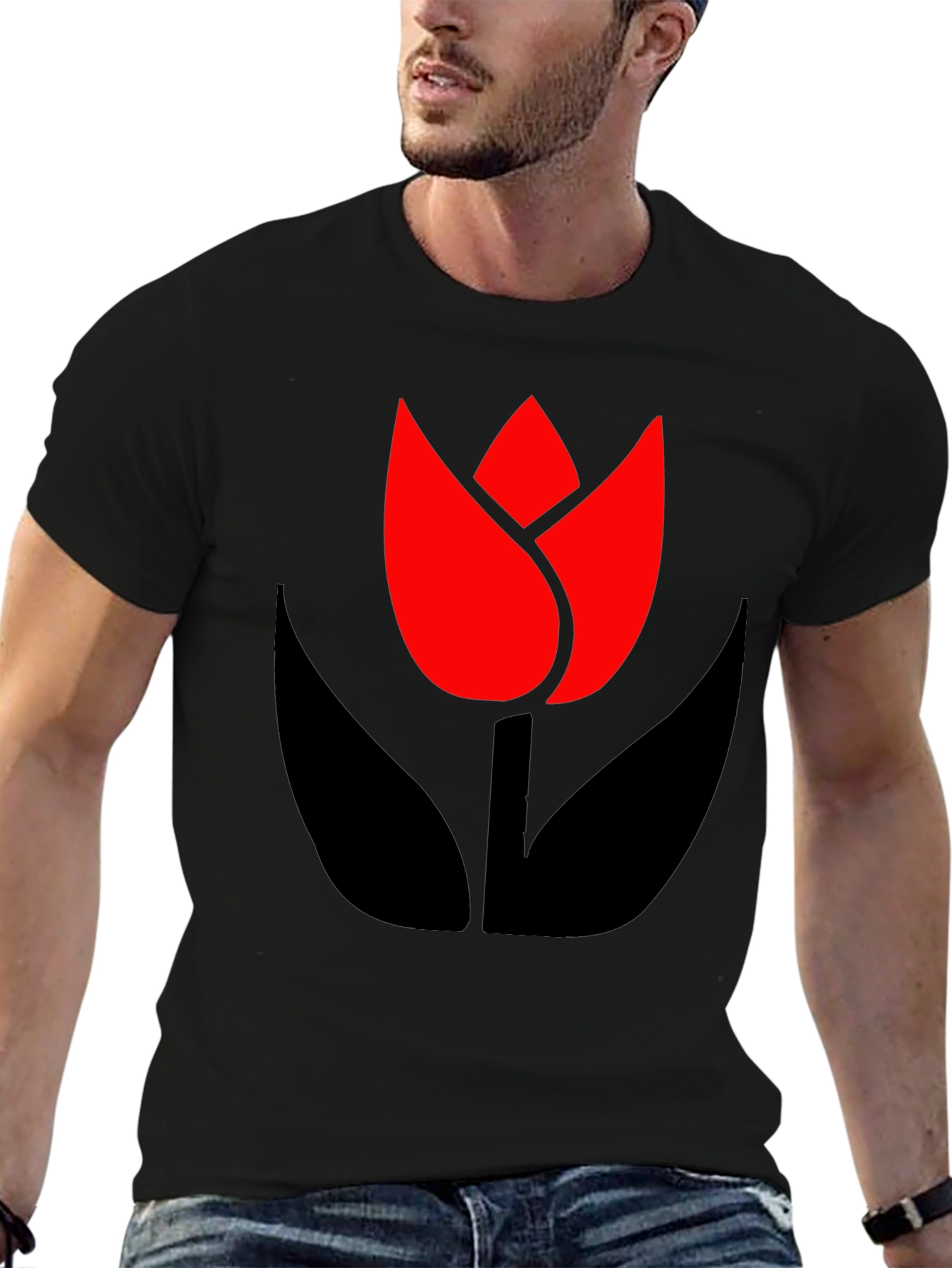 Bold Black T-Shirt with Modern Tulip Design