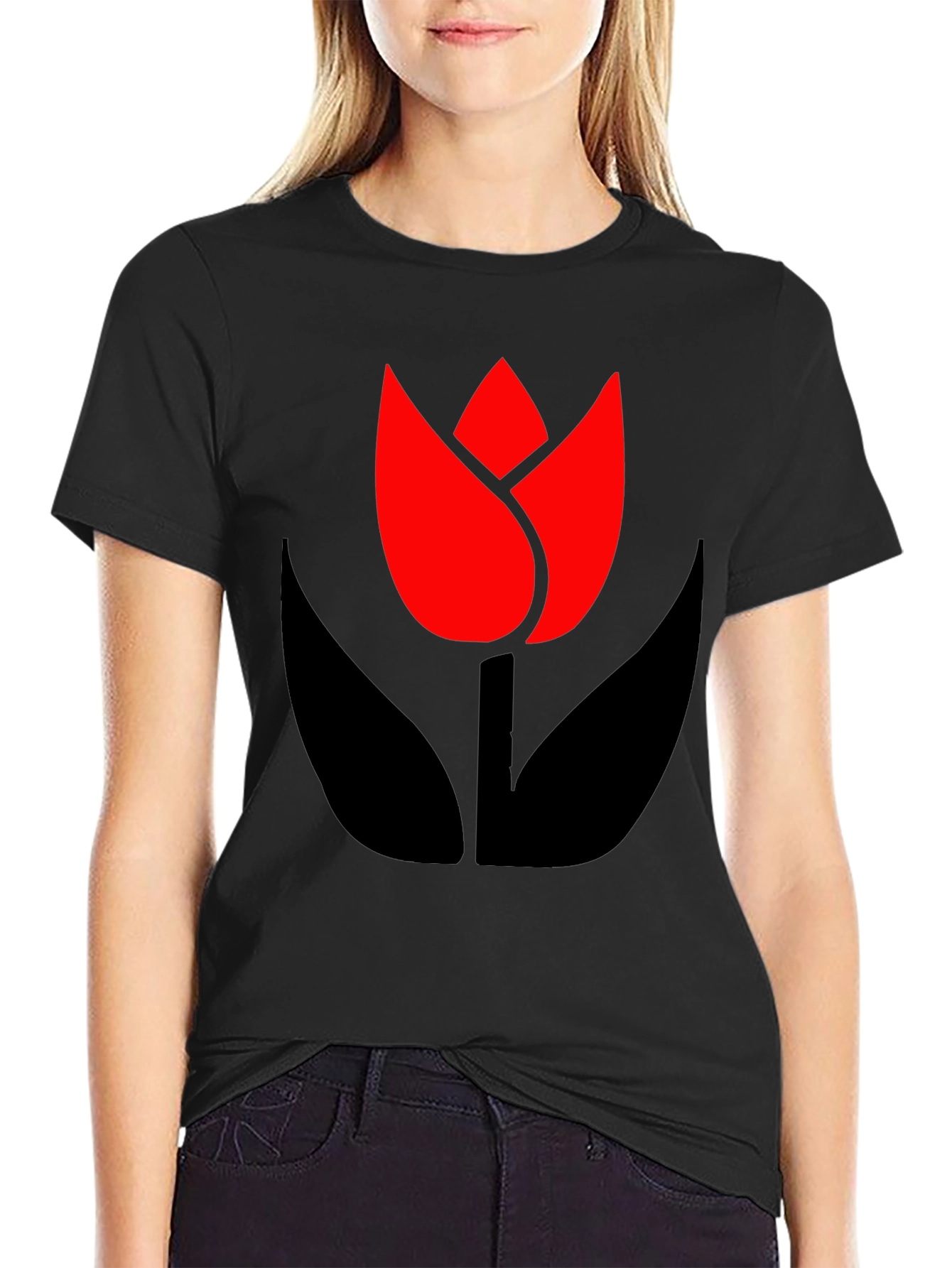 Bold Black T-Shirt with Modern Tulip Design