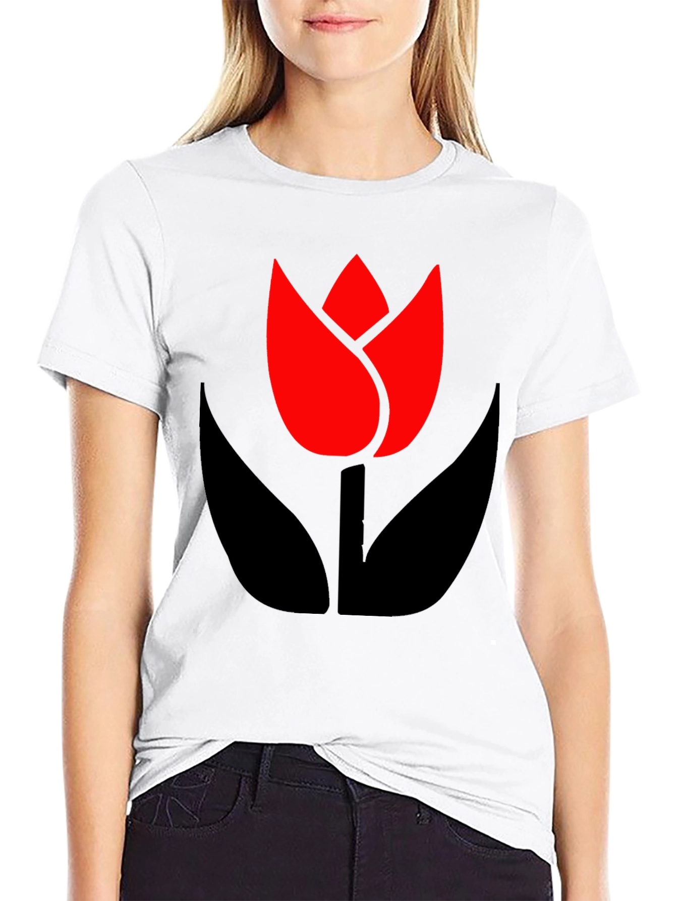 Bold Black T-Shirt with Modern Tulip Design