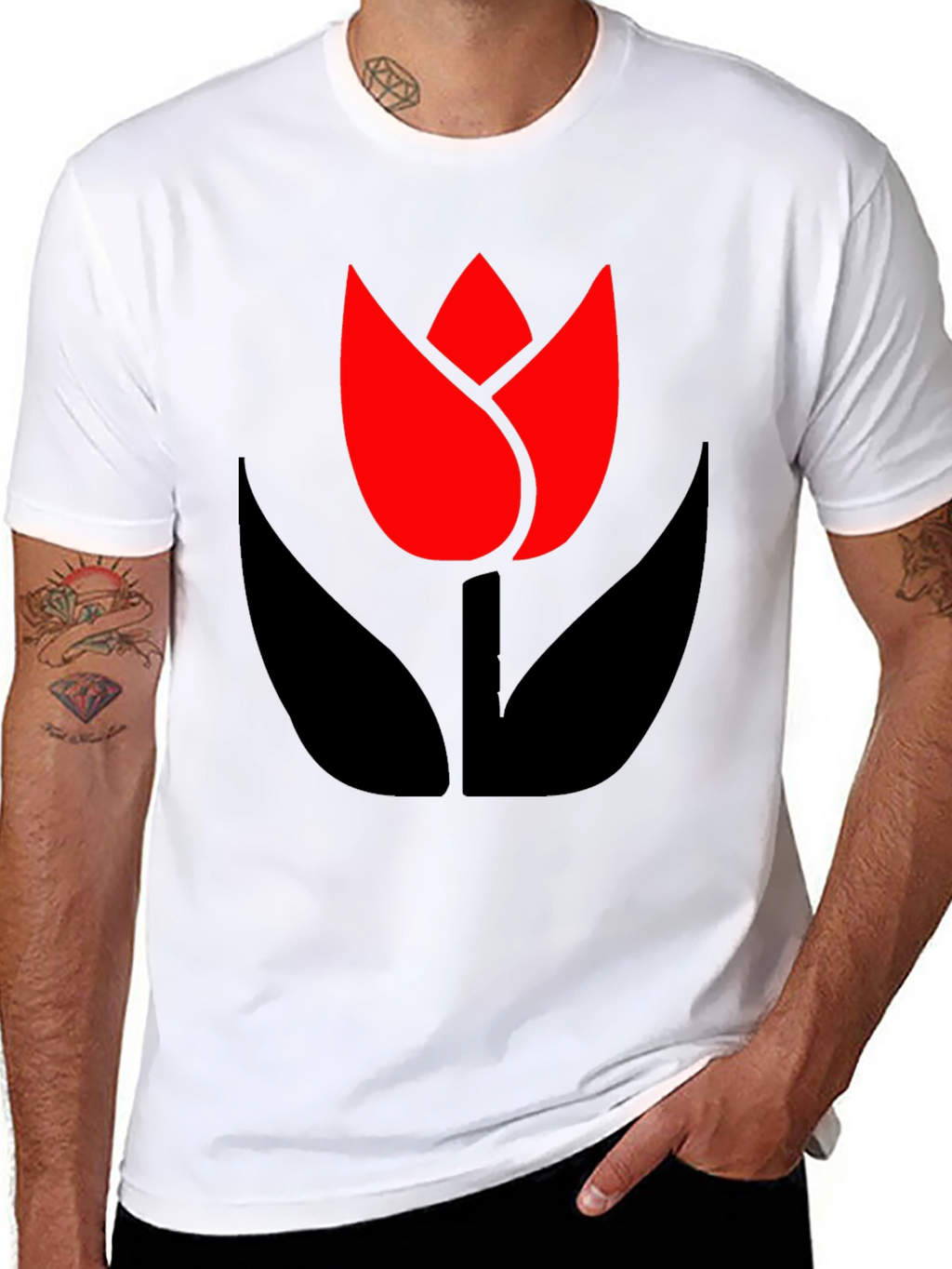 Bold Black T-Shirt with Modern Tulip Design