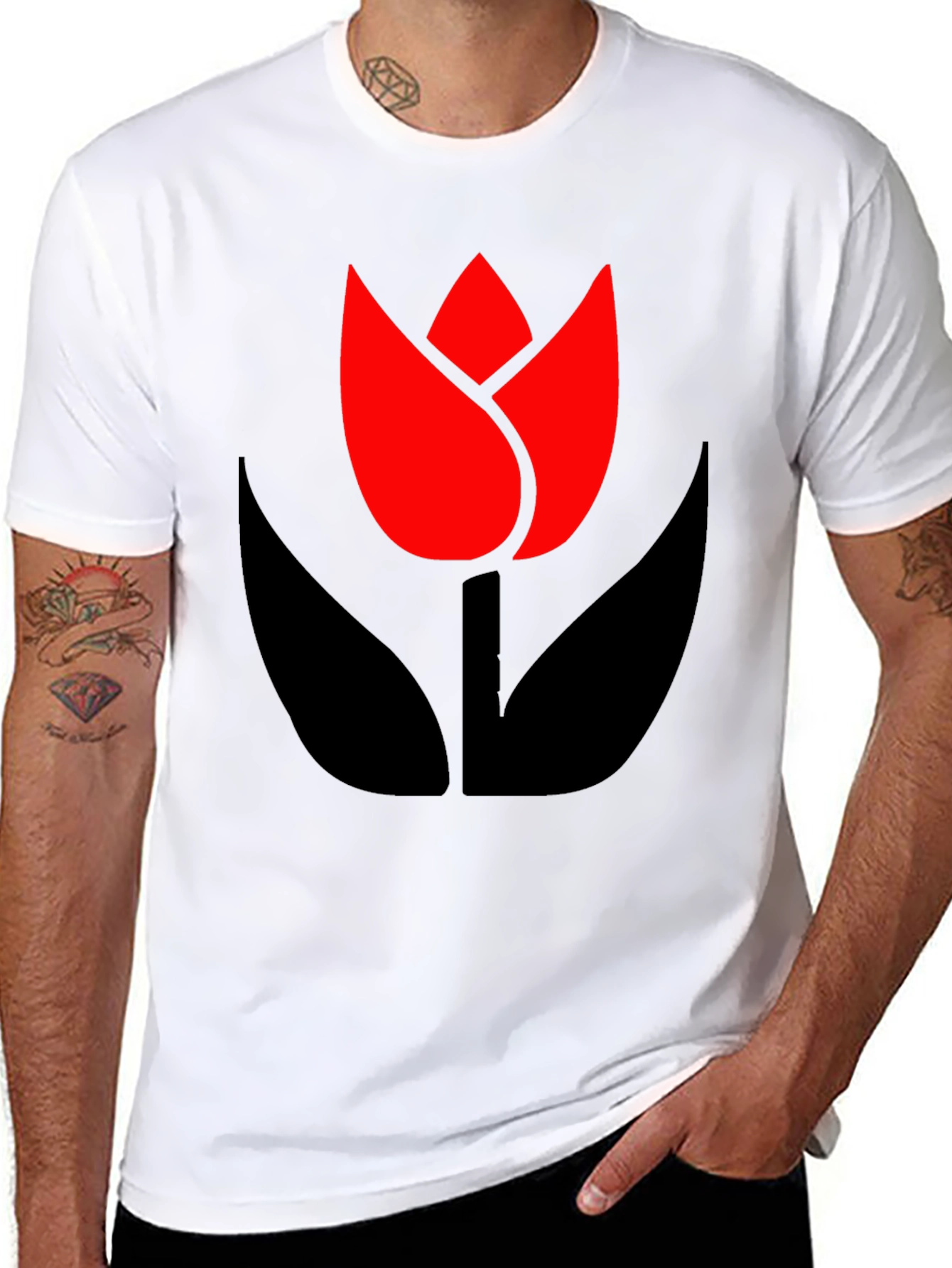 Bold Black T-Shirt with Modern Tulip Design