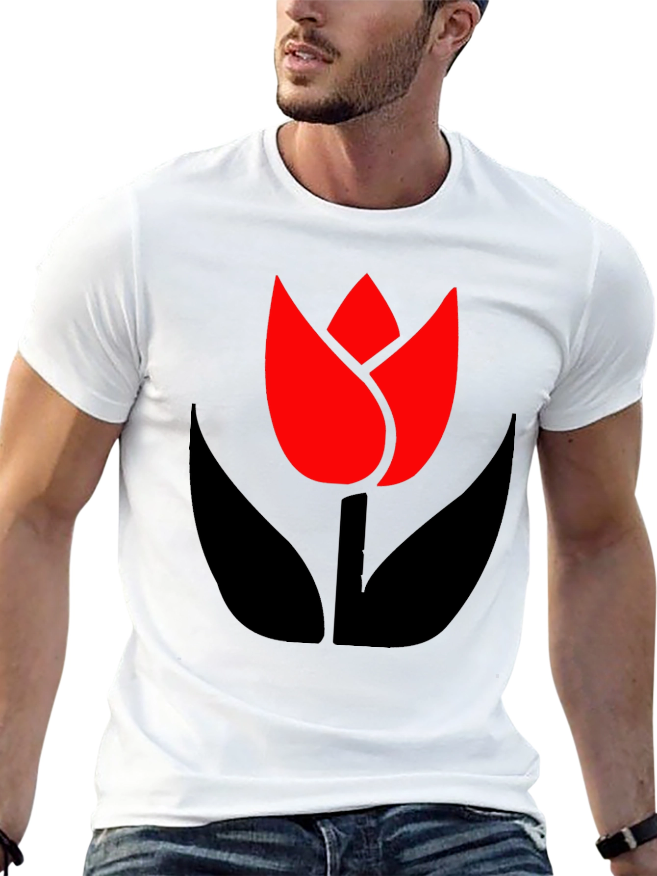 Bold Black T-Shirt with Modern Tulip Design