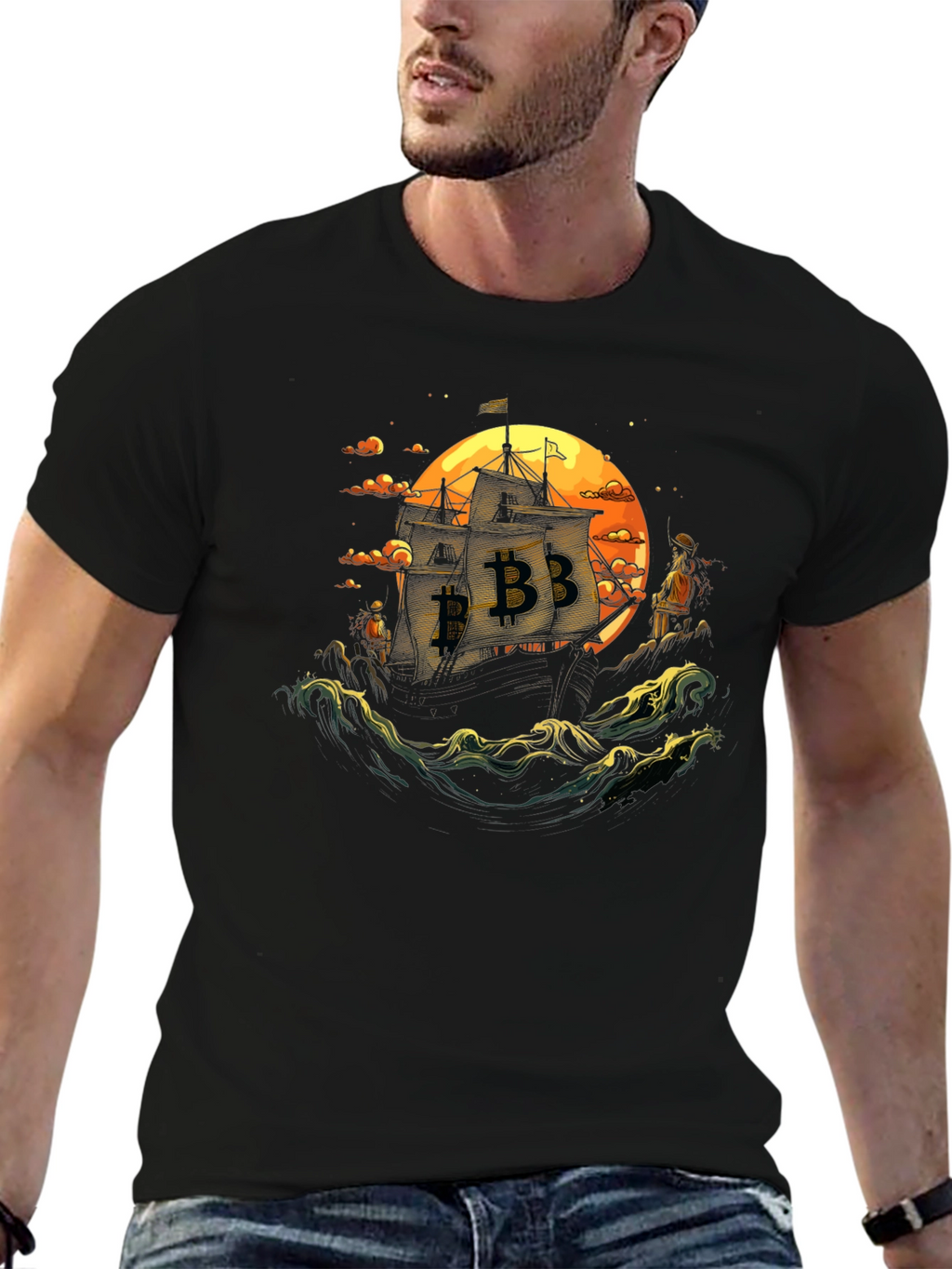 Bitcoin Pirate Ship Black T-Shirt