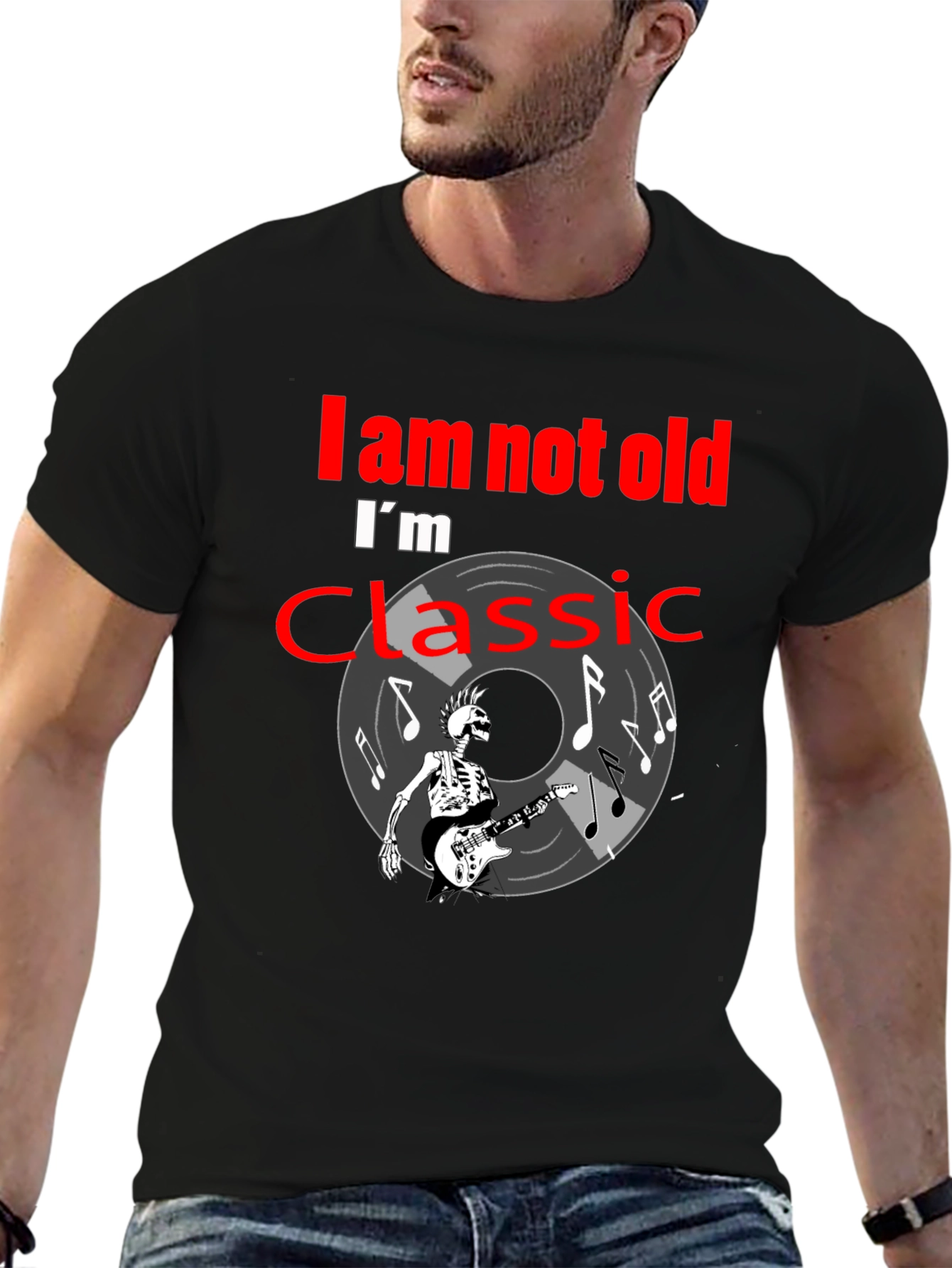 Classic Rock T-Shirt: Im Not Old Skeleton Guitar Player Tee