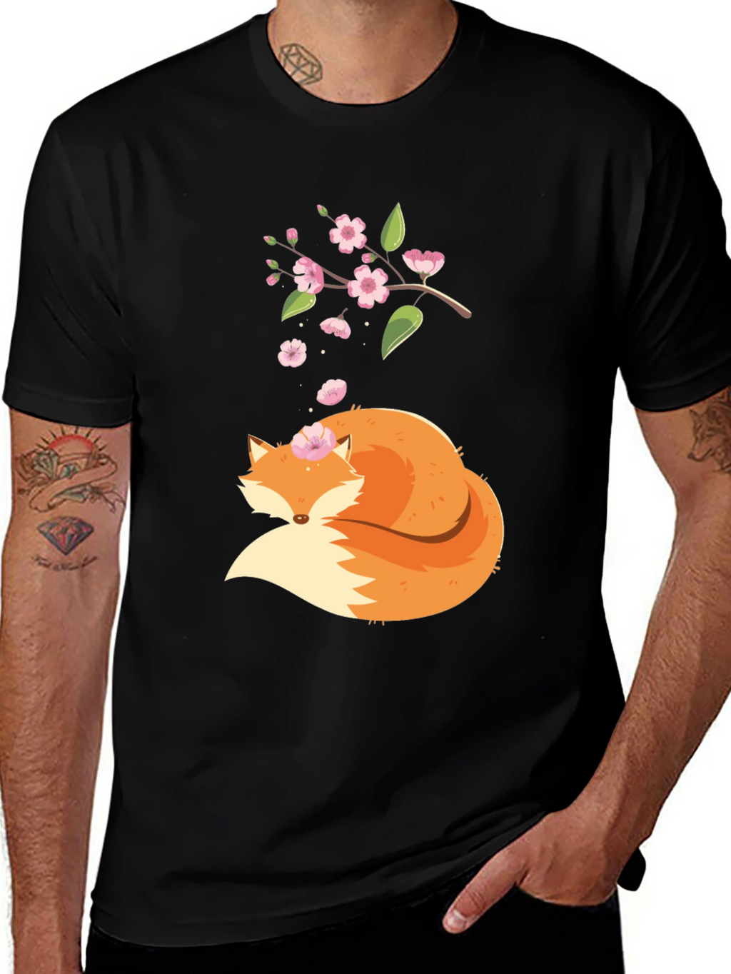 Fox and Blossoms Black Graphic Tee