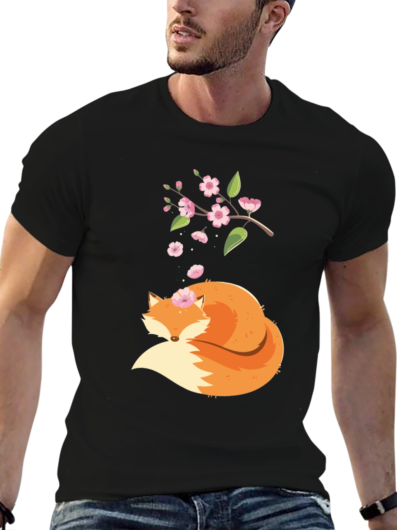 Fox and Blossoms Black Graphic Tee