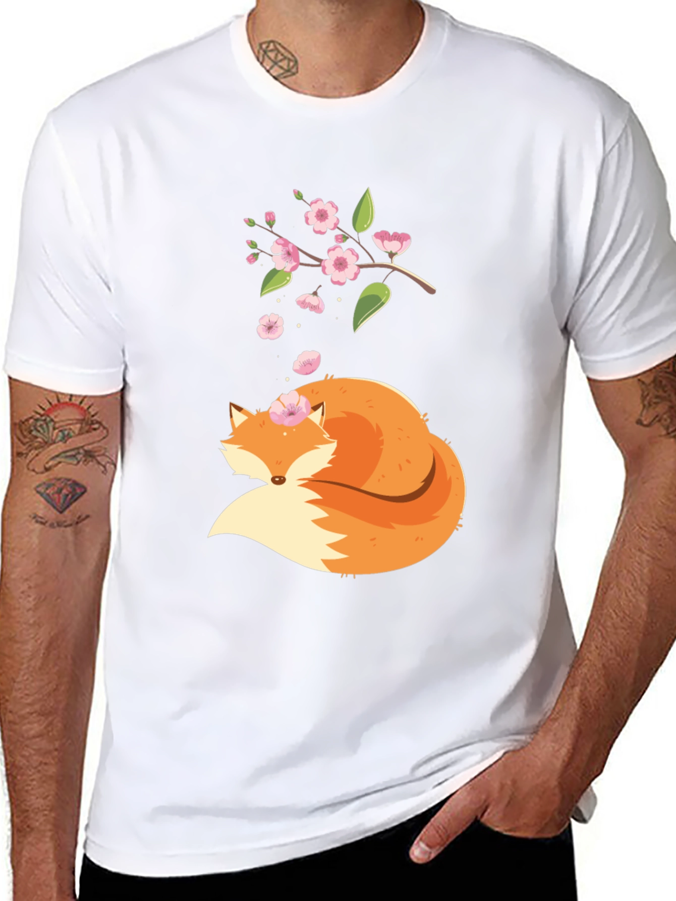 Fox and Blossoms Black Graphic Tee