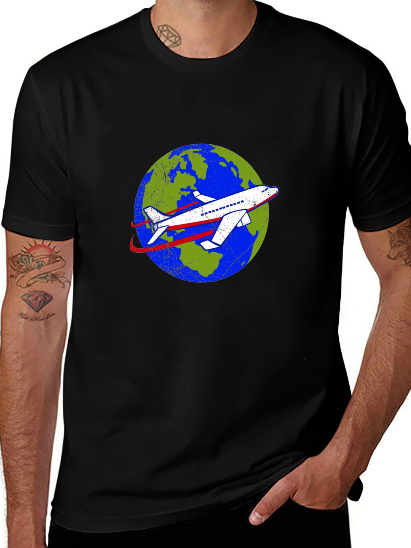 Around the World Airplane Graphic Tee - Black