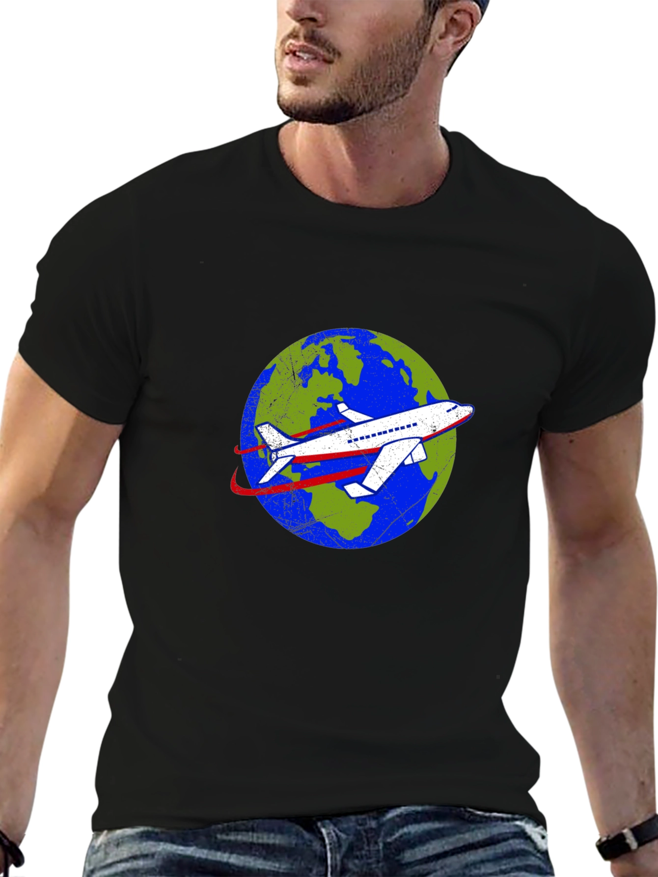 Around the World Airplane Graphic Tee - Black