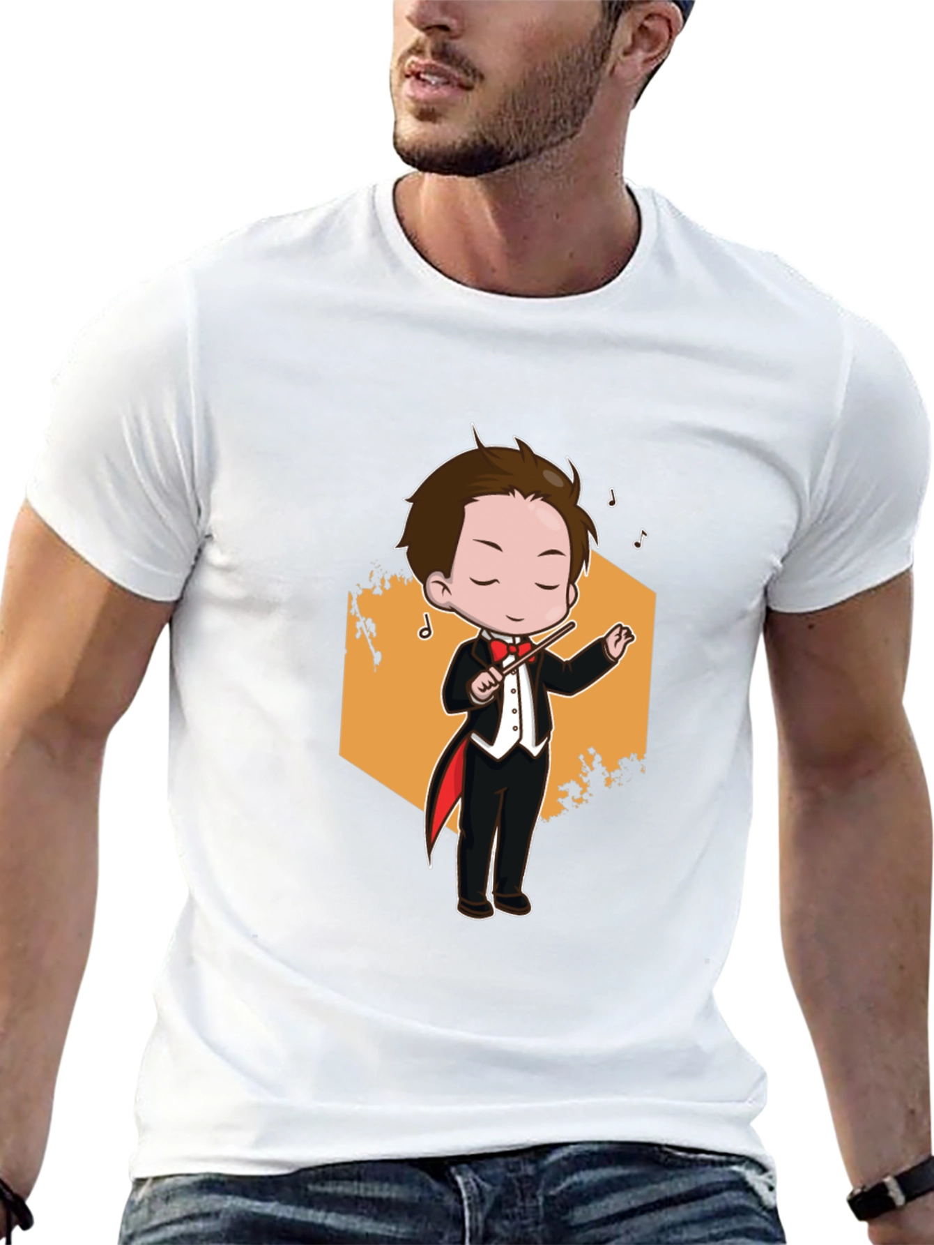 Cartoon Conductor Graphic Tee - Black Cotton T-Shirt