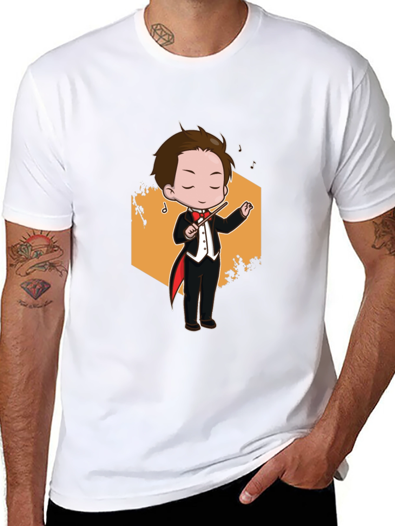 Cartoon Conductor Graphic Tee - Black Cotton T-Shirt