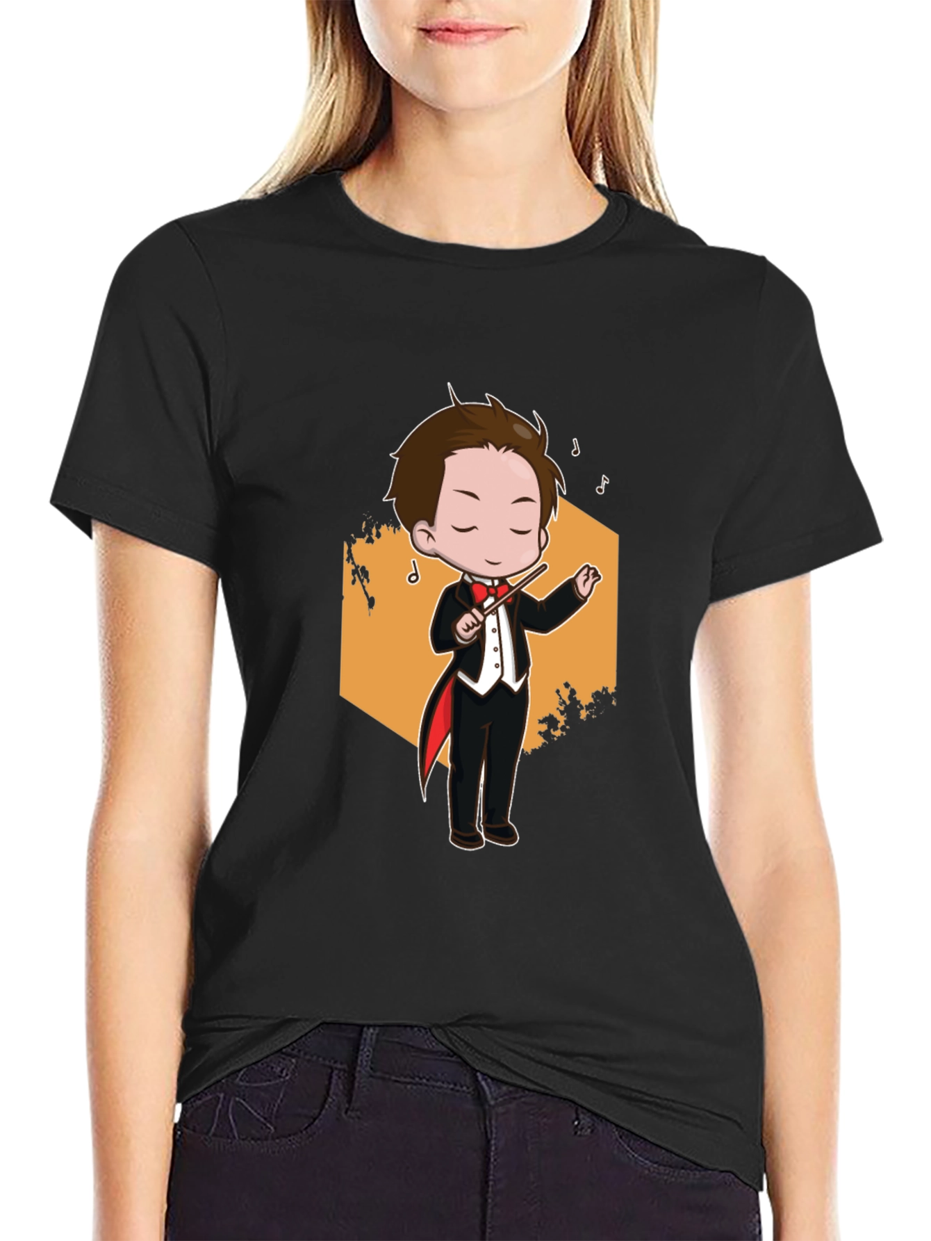 Cartoon Conductor Graphic Tee - Black Cotton T-Shirt