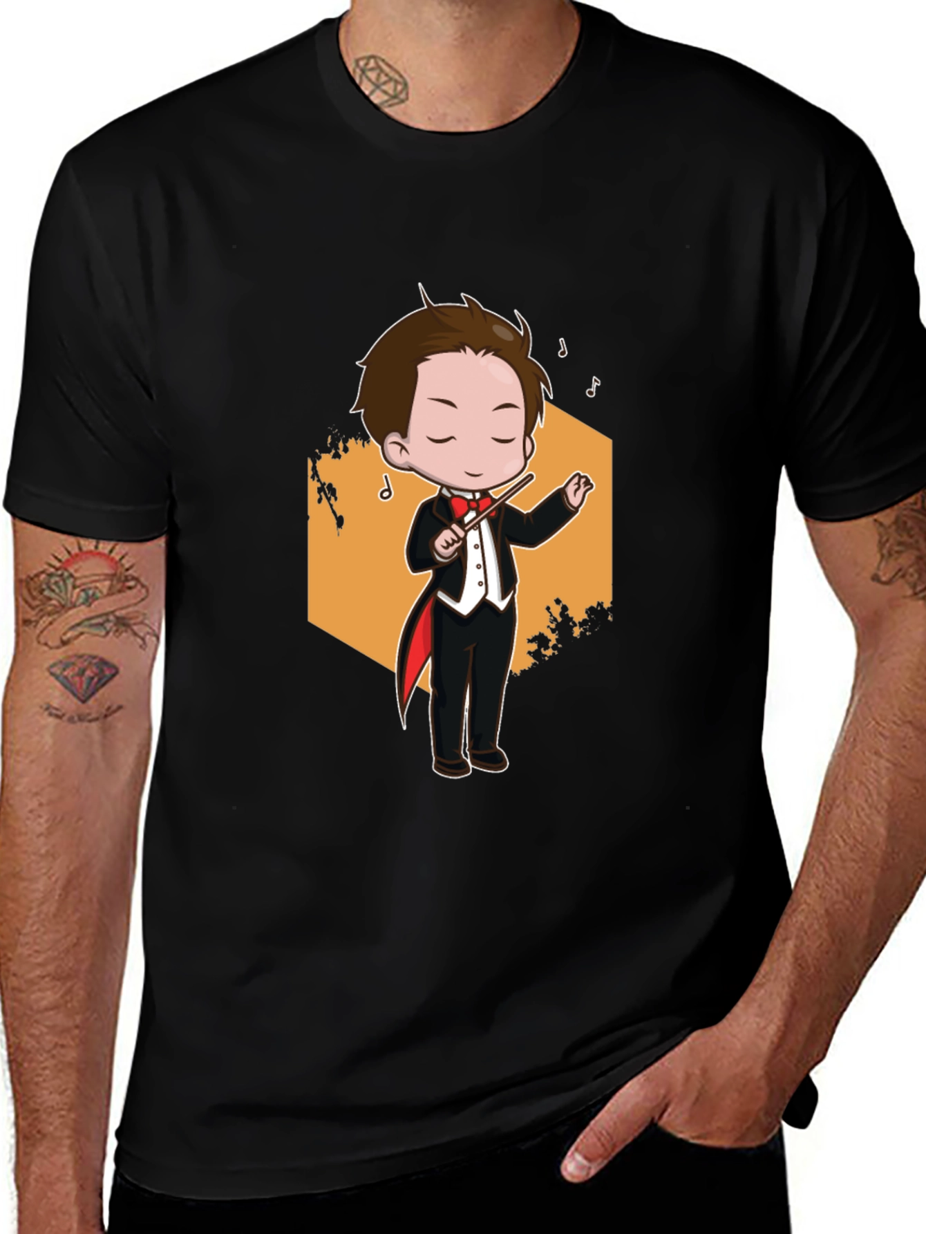 Cartoon Conductor Graphic Tee - Black Cotton T-Shirt