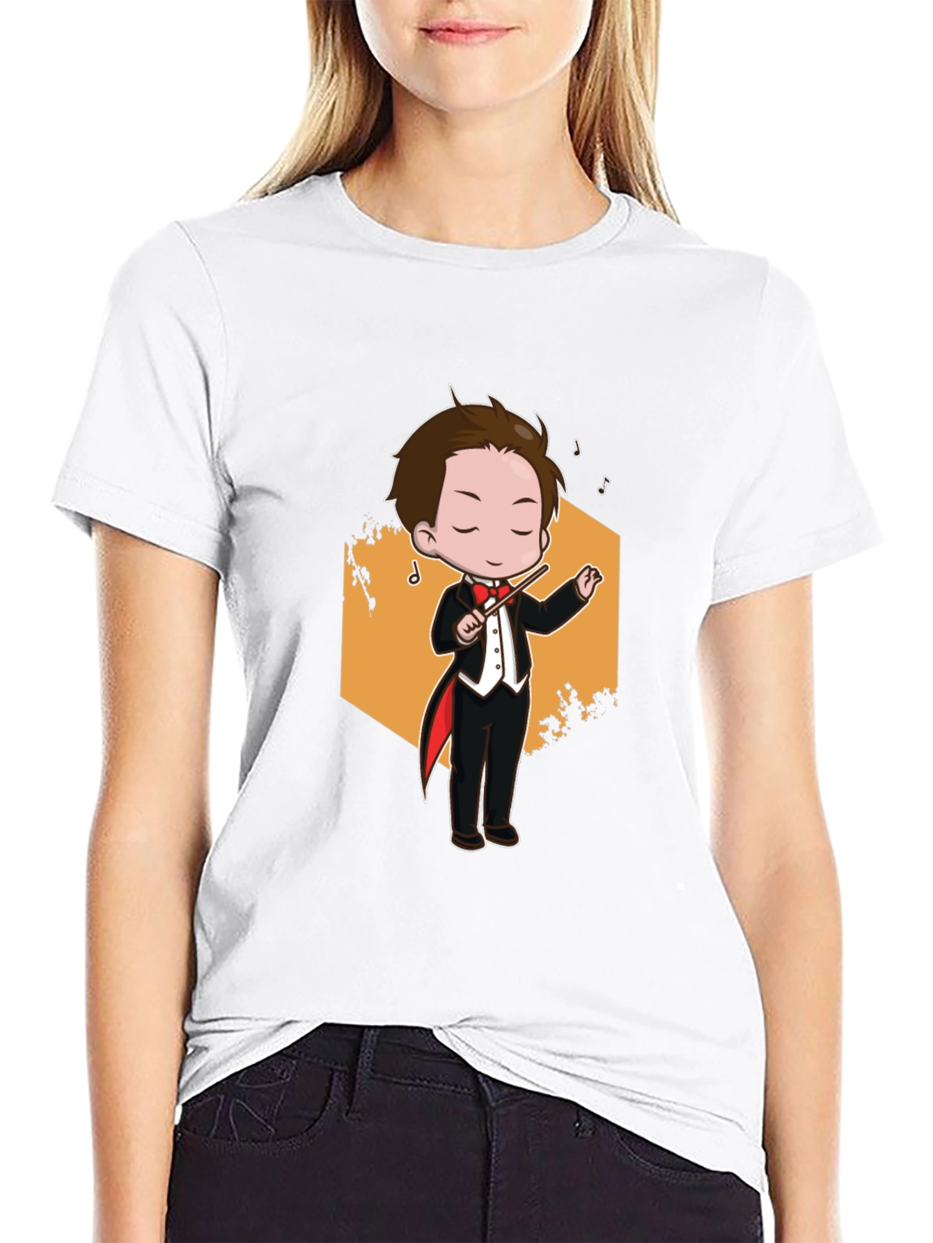Cartoon Conductor Graphic Tee - Black Cotton T-Shirt