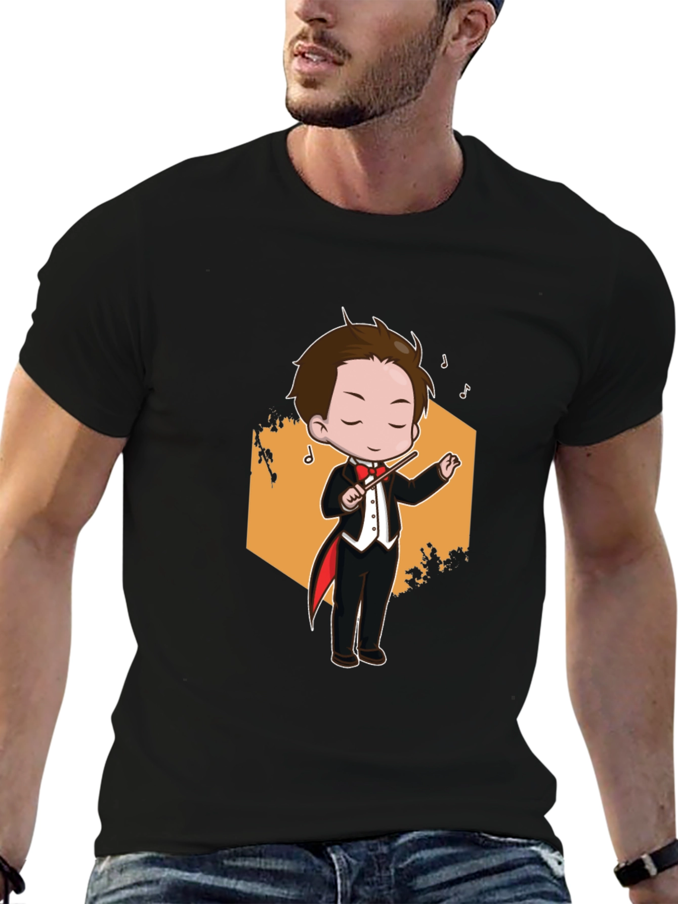 Cartoon Conductor Graphic Tee - Black Cotton T-Shirt