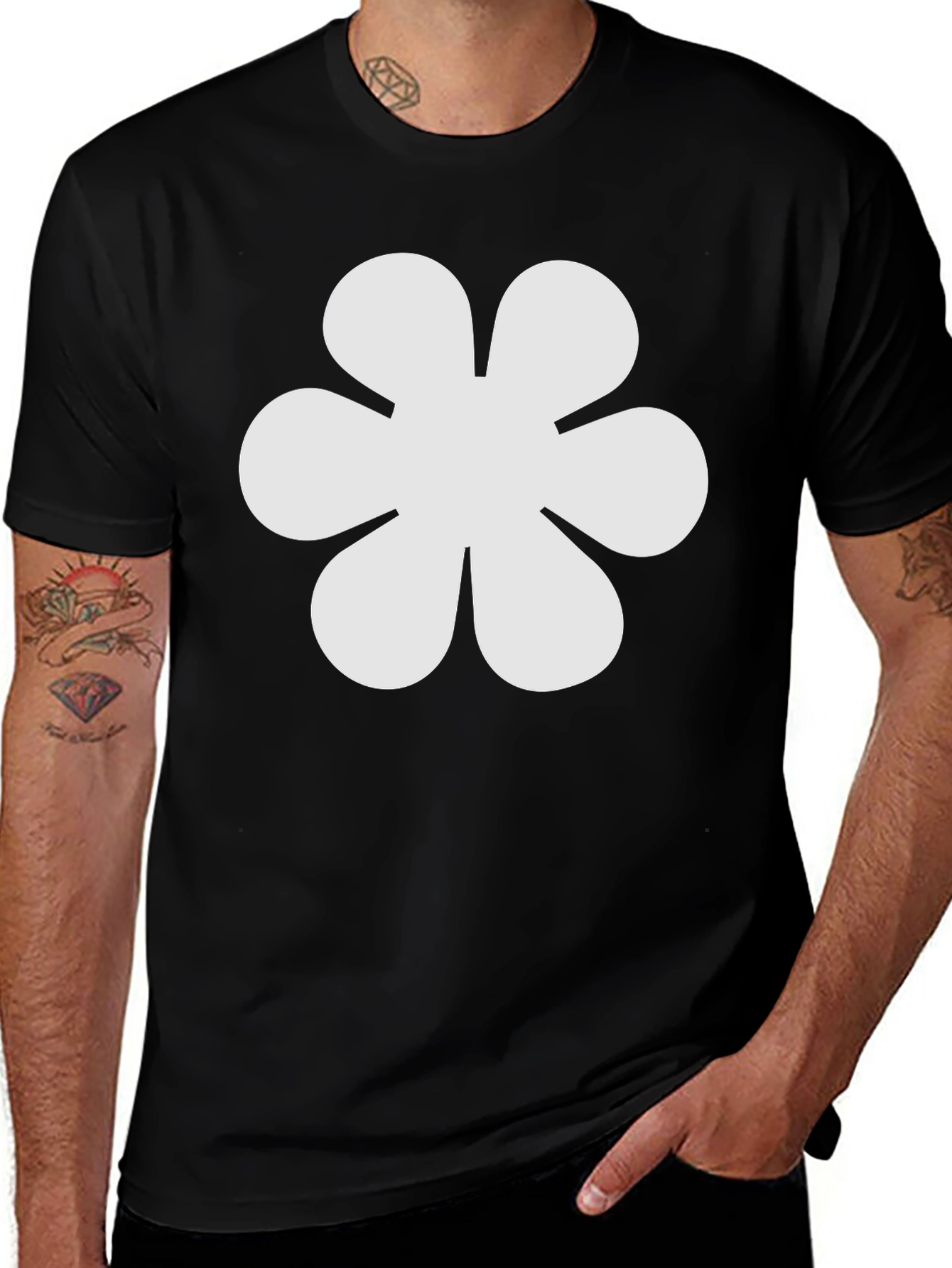 Black T-Shirt with White Flower Graphic