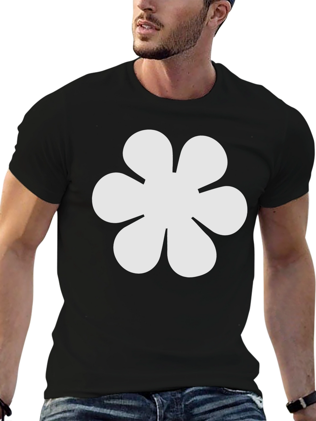 Black T-Shirt with White Flower Graphic