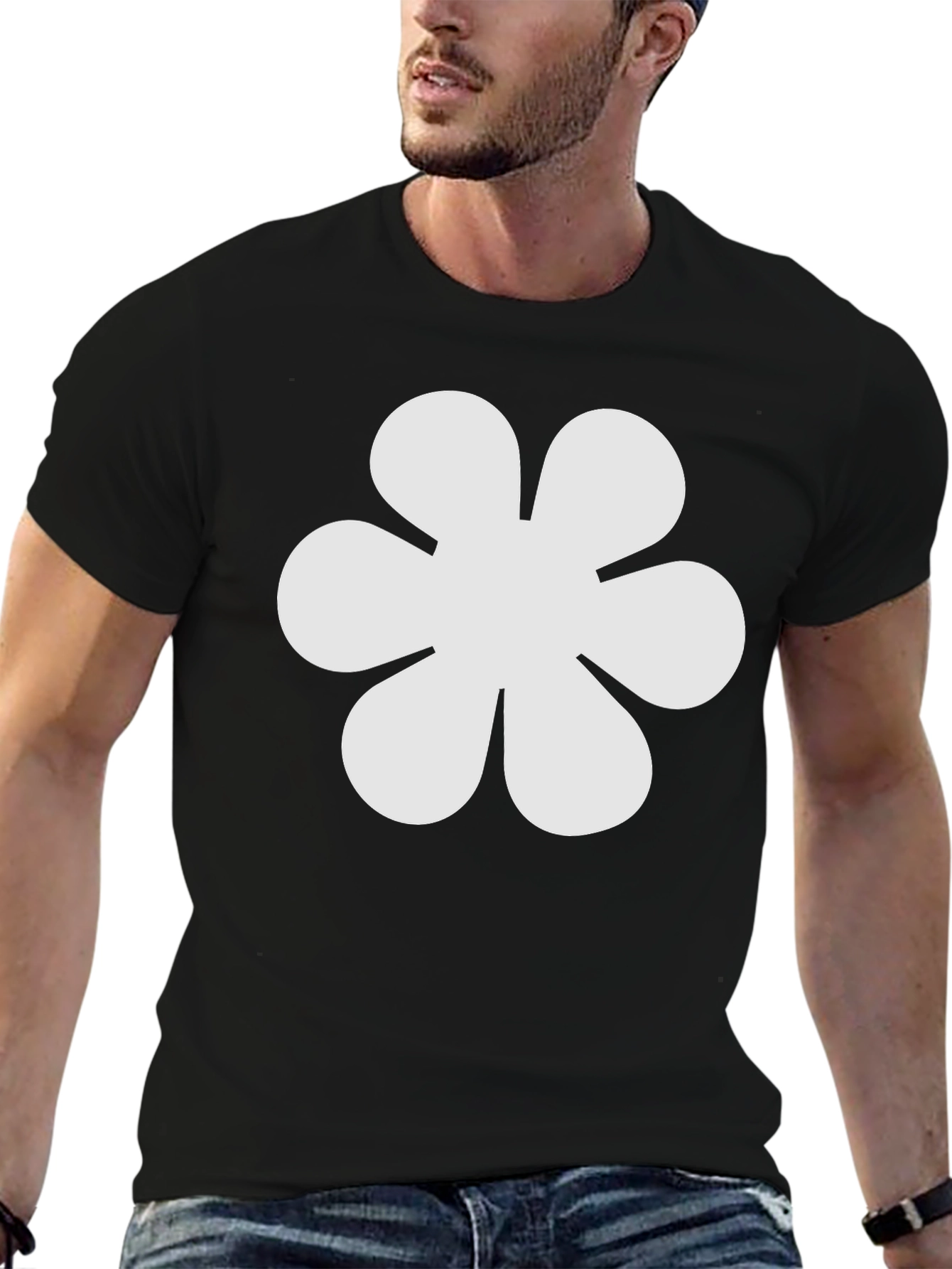 Black T-Shirt with White Flower Graphic