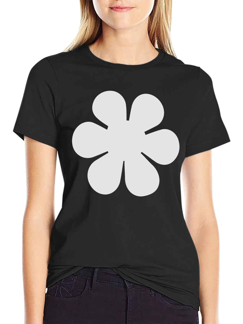 Black T-Shirt with White Flower Graphic