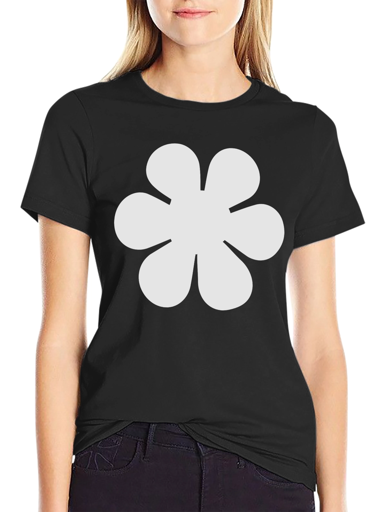 Black T-Shirt with White Flower Graphic