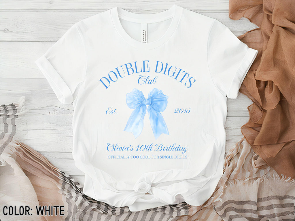 10th Birthday Girl T-Shirt, Double Digits Club Birthday Shirt, 10th Birthday Shirt, Coquette Blue Bow Tee, Trendy Gift for Birthdays