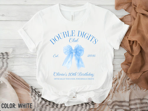 10th Birthday Girl T-Shirt, Double Digits Club Birthday Shirt, 10th Birthday Shirt, Coquette Blue Bow Tee, Trendy Gift for Birthdays