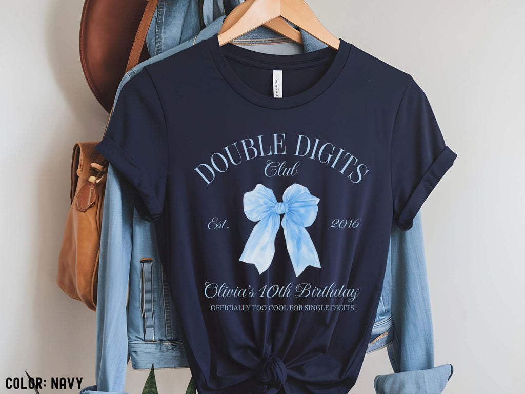 10th Birthday Girl T-Shirt, Double Digits Club Birthday Shirt, 10th Birthday Shirt, Coquette Blue Bow Tee, Trendy Gift for Birthdays