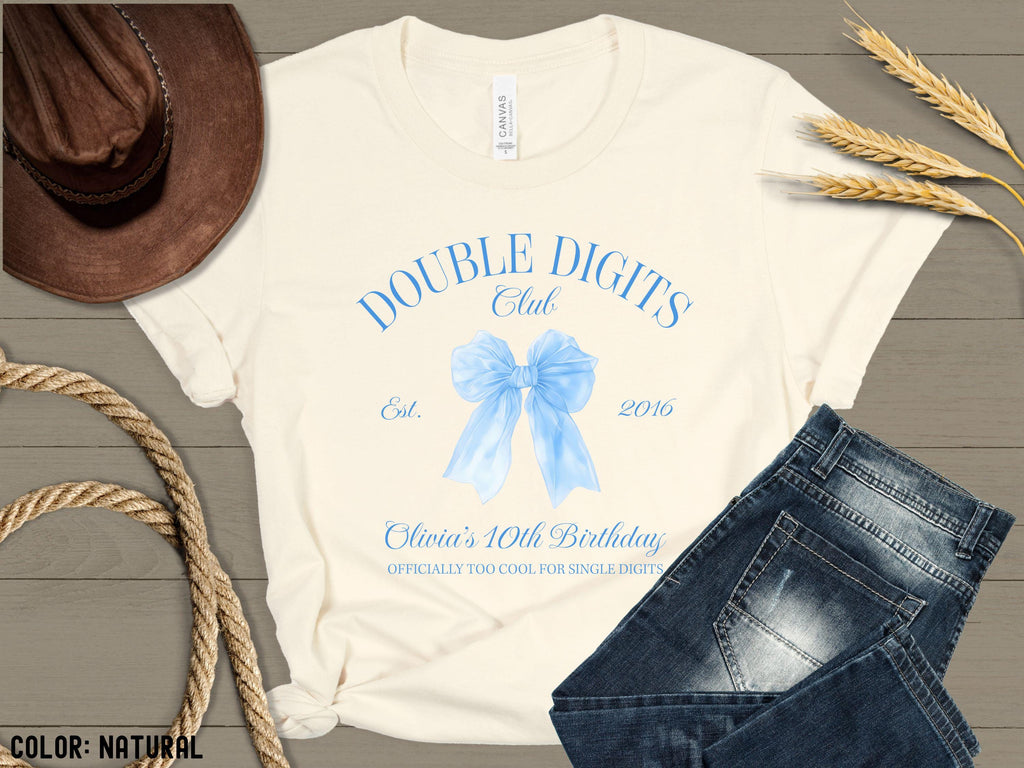 10th Birthday Girl T-Shirt, Double Digits Club Birthday Shirt, 10th Birthday Shirt, Coquette Blue Bow Tee, Trendy Gift for Birthdays
