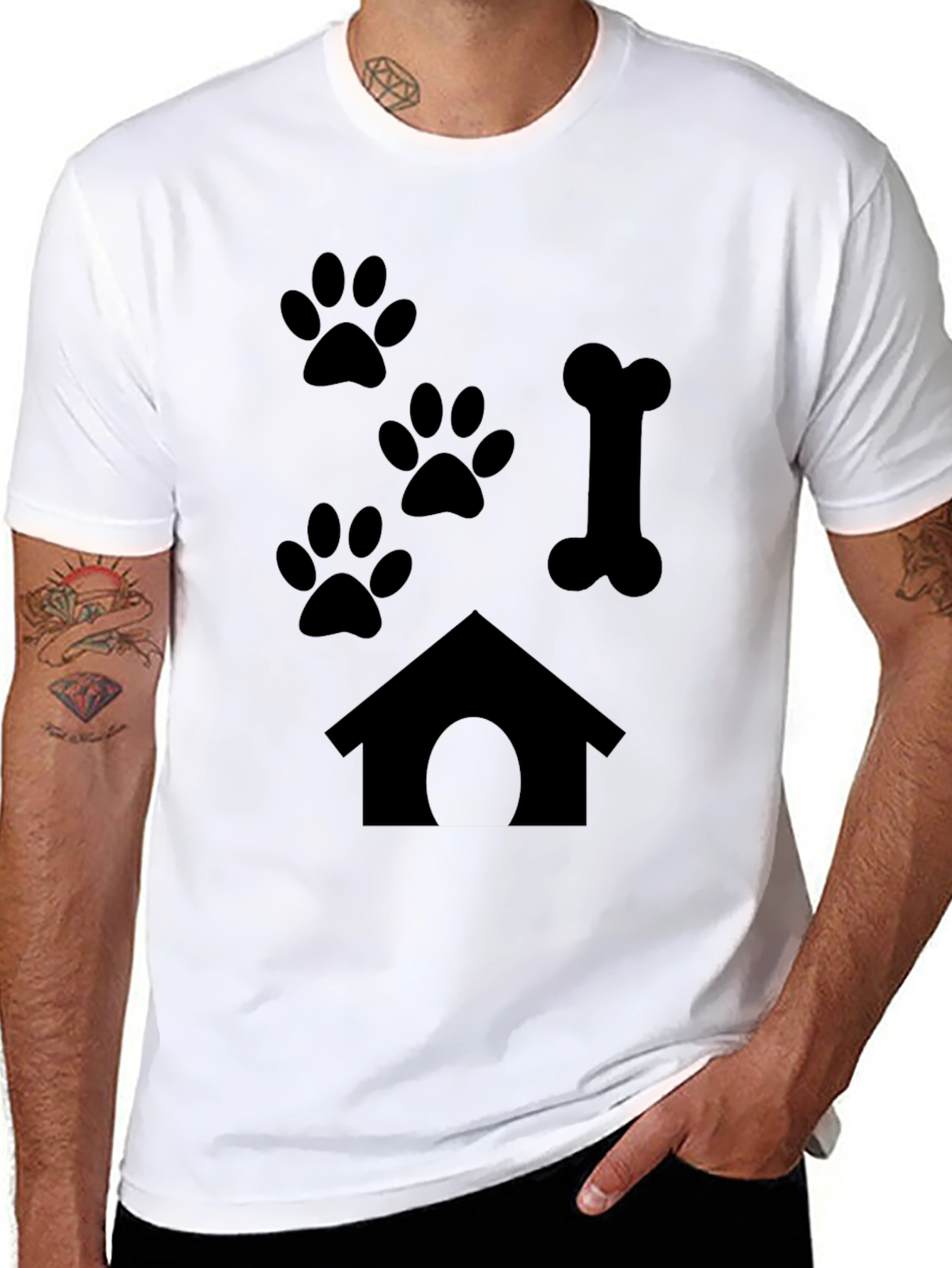 Dog Lover Black T-Shirt - Paw Prints Bone & Dog House