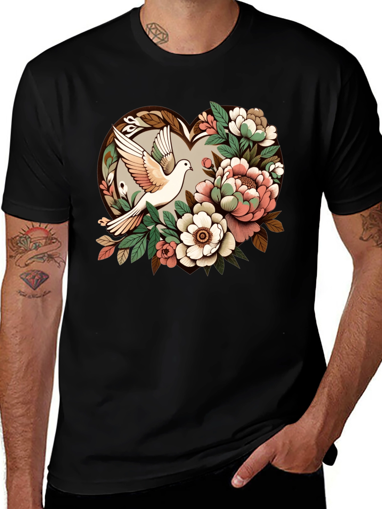 Dove & Floral Heart Graphic T-Shirt