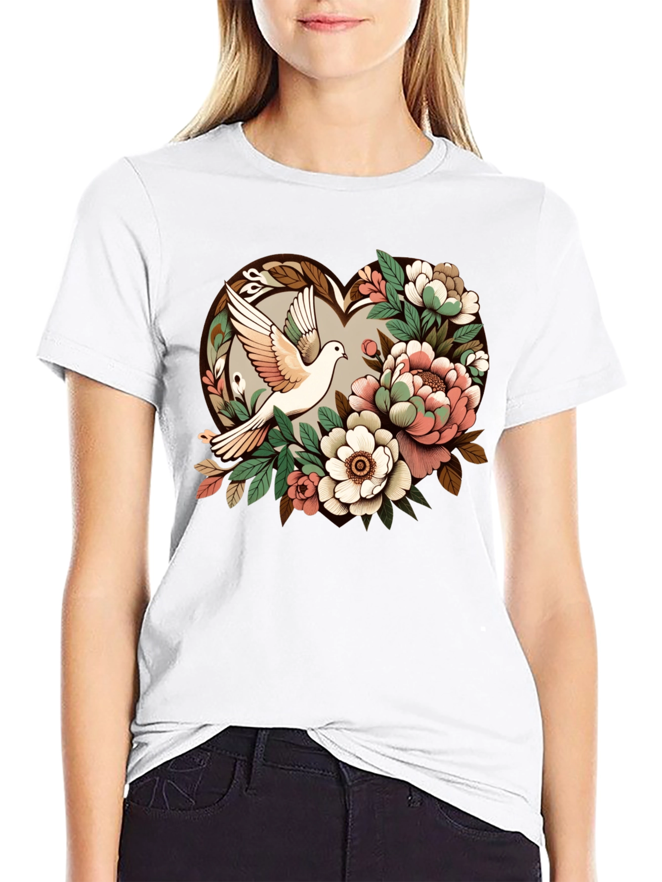 Dove & Floral Heart Graphic T-Shirt