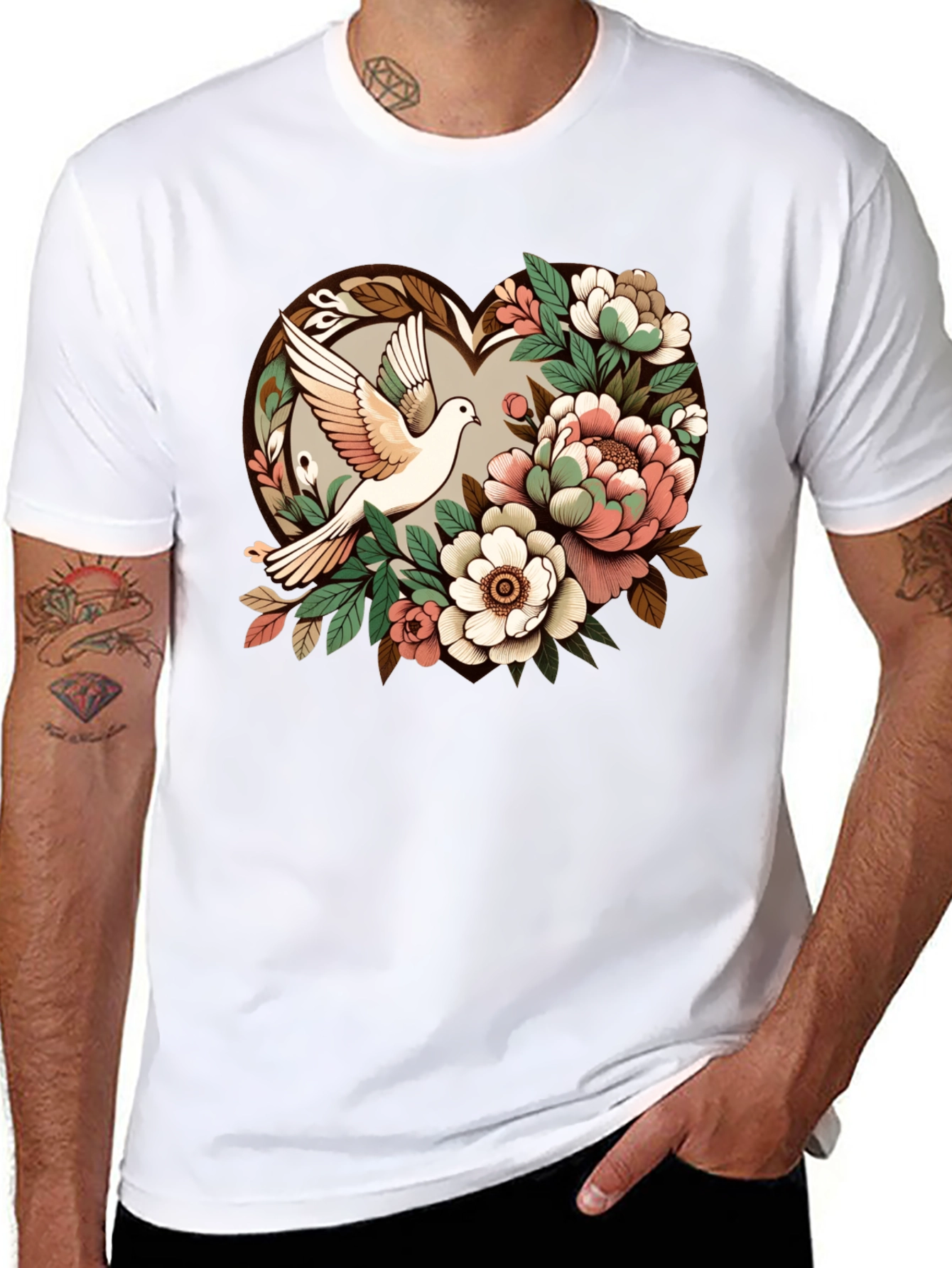 Dove & Floral Heart Graphic T-Shirt