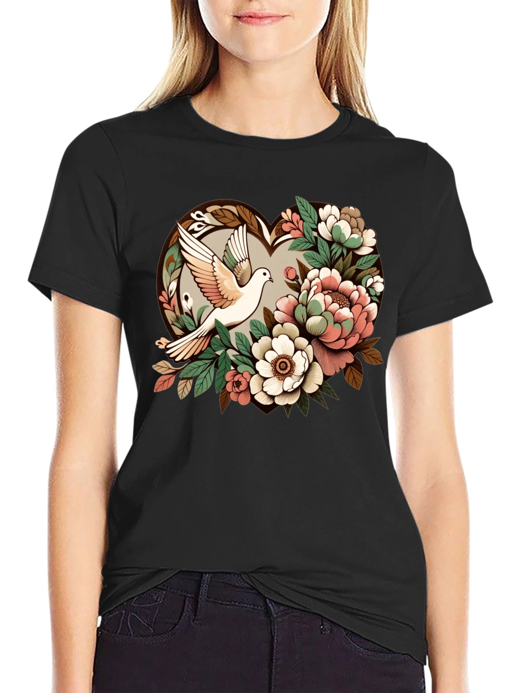 Dove & Floral Heart Graphic T-Shirt