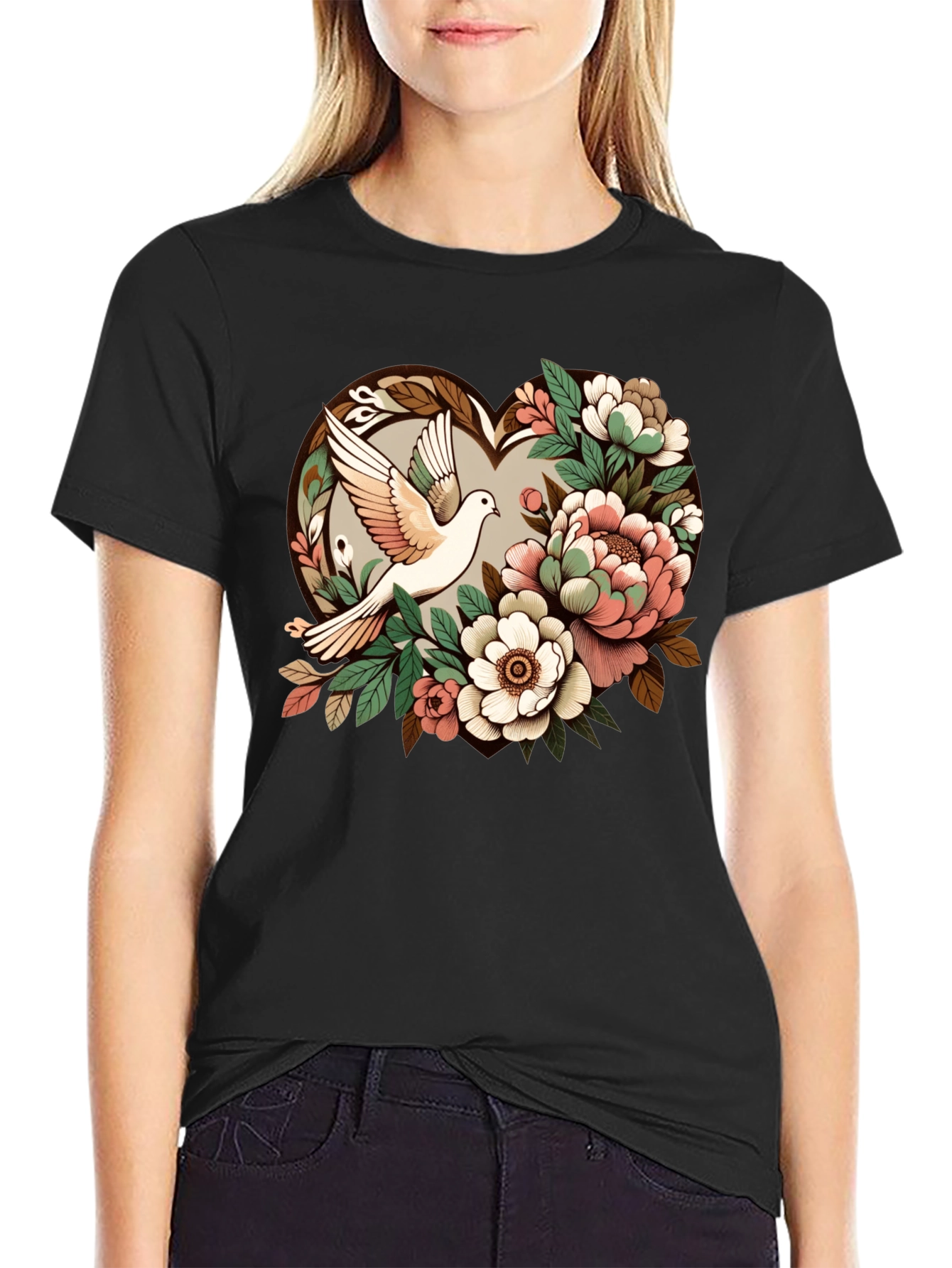Dove & Floral Heart Graphic T-Shirt