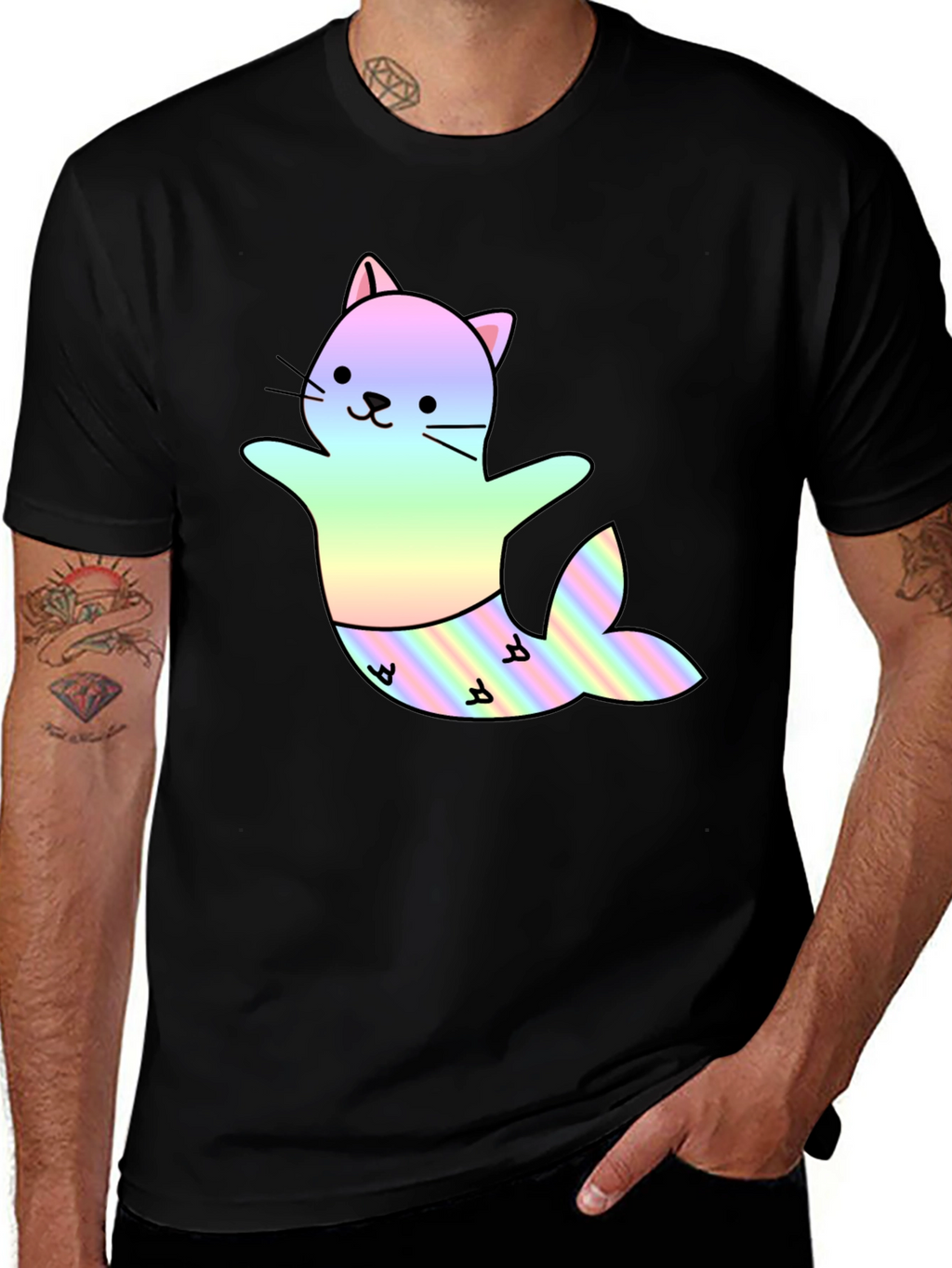 Cute Cat Mermaid T-Shirt - Black