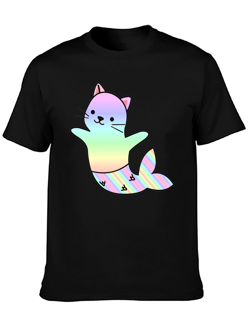 Cute Cat Mermaid T-Shirt - Black