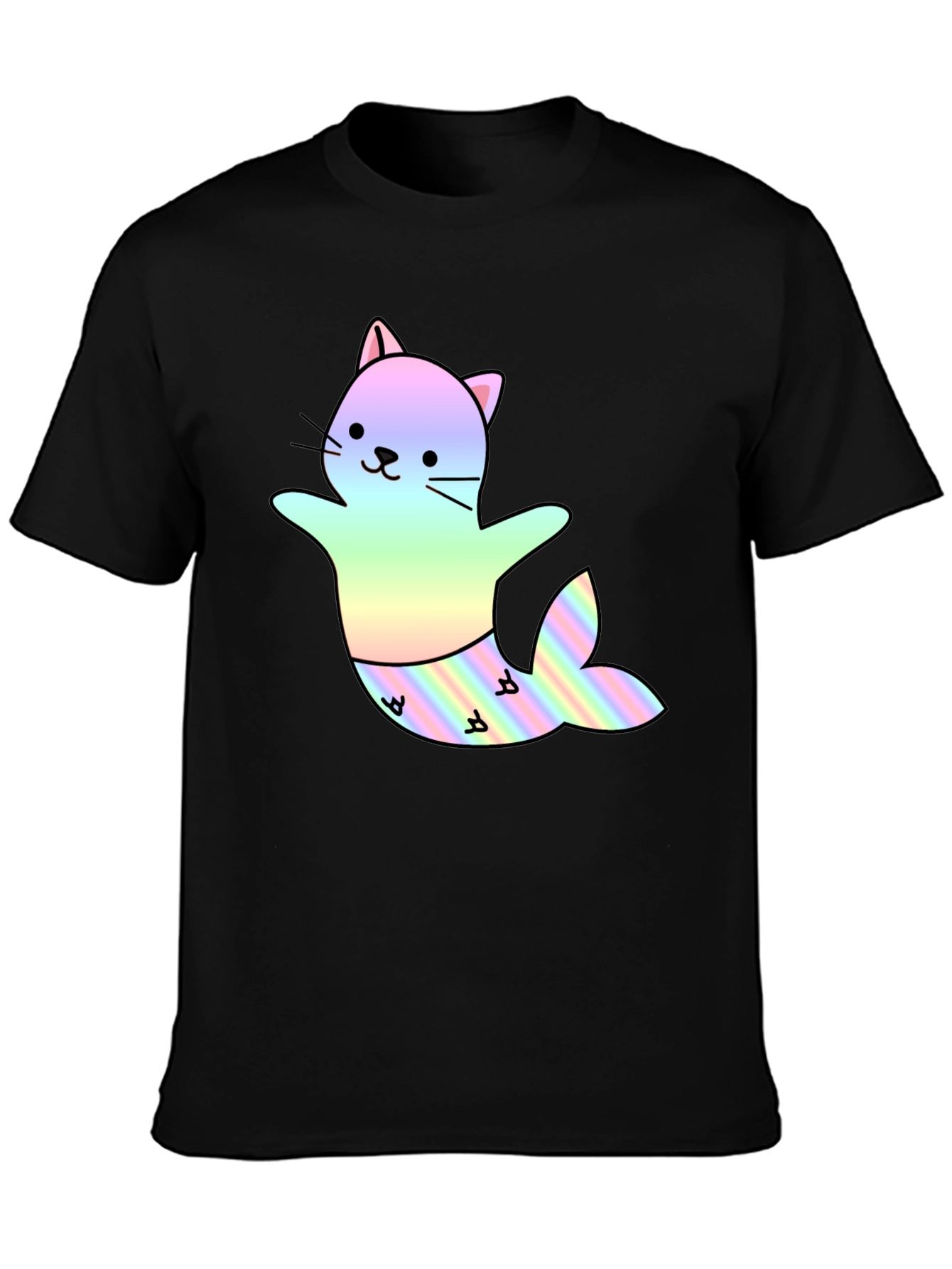 Cute Cat Mermaid T-Shirt - Black