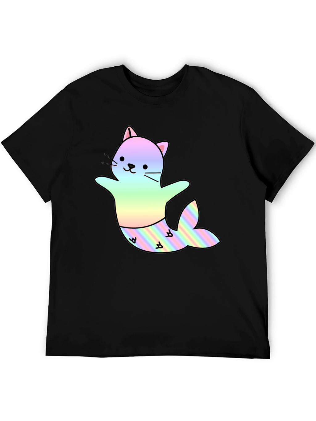 Cute Cat Mermaid T-Shirt - Black