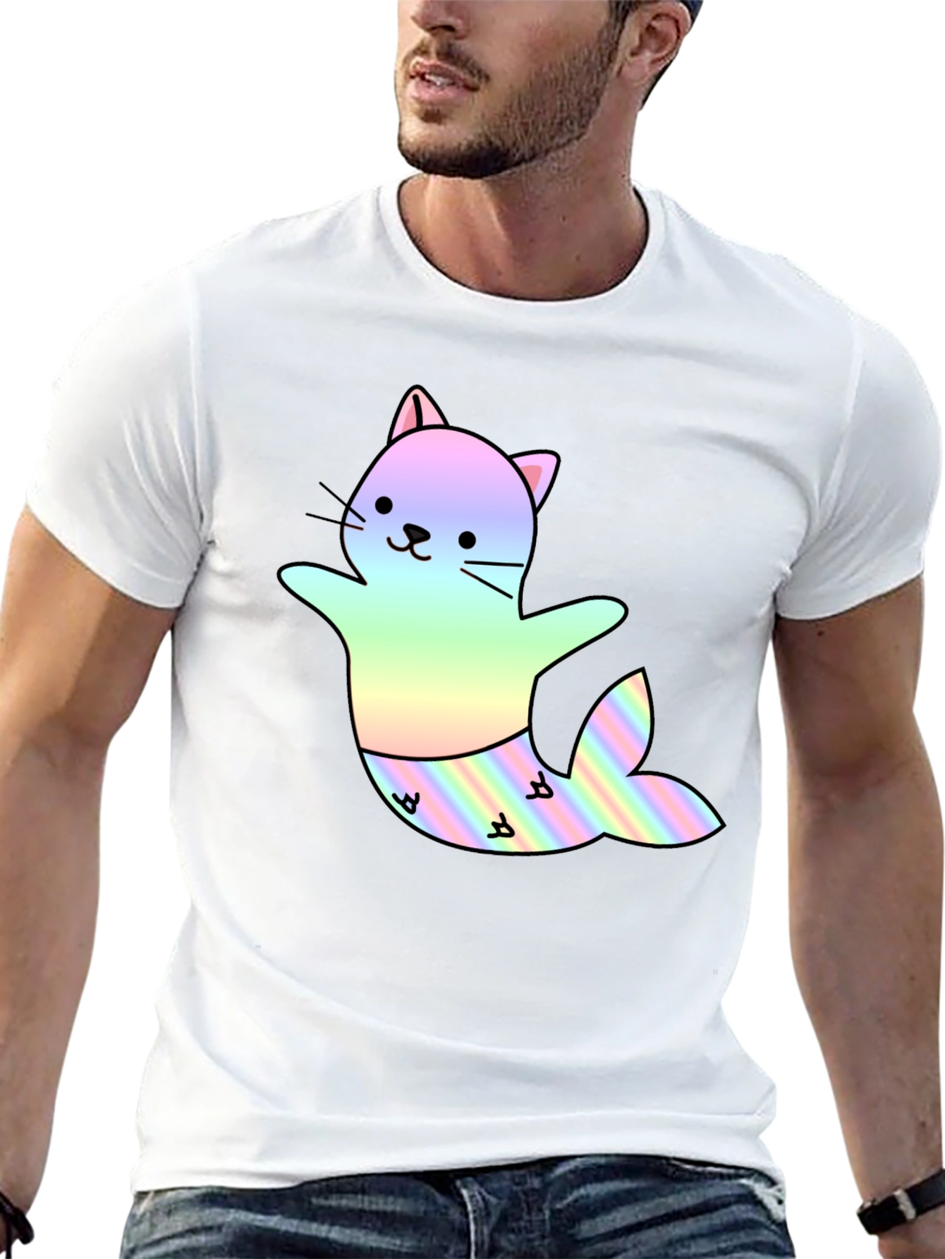 Cute Cat Mermaid T-Shirt - Black